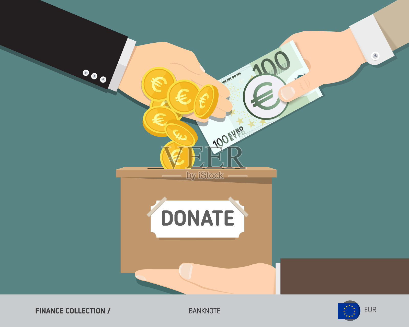 手将100欧元纸币和金币放入捐款箱。捐钱和慈善理念。平面风格矢量插图。插画图片素材