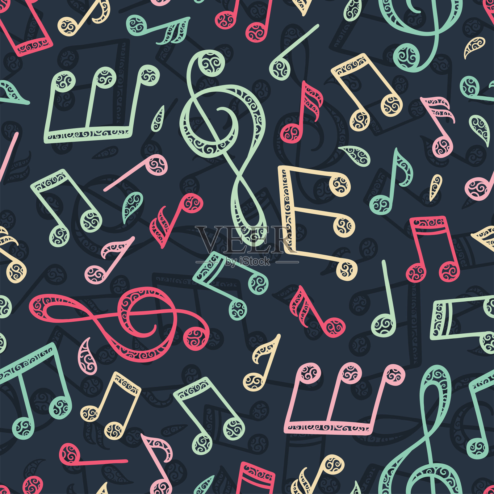 有趣的手绘派对无缝模式与音乐音符,优雅的背景,伟大的纺织品,横幅,壁纸,包装,除夕矢量设计插画图片素材