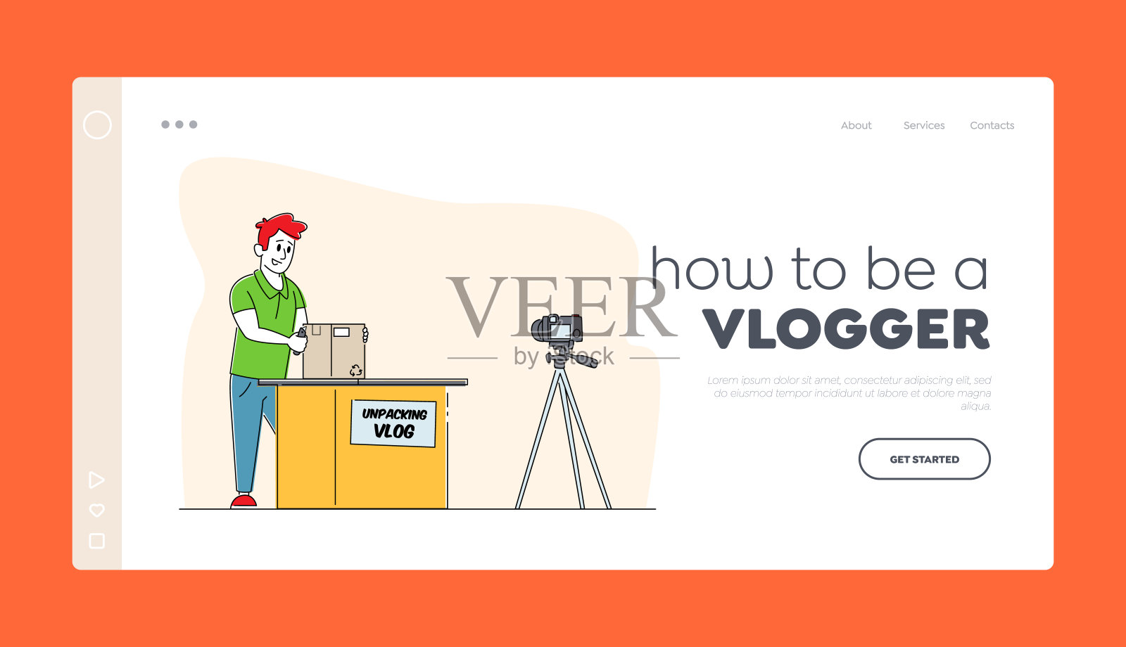 在线拆包视频博客登陆页面模板。网红人物开箱购买录像插画图片素材