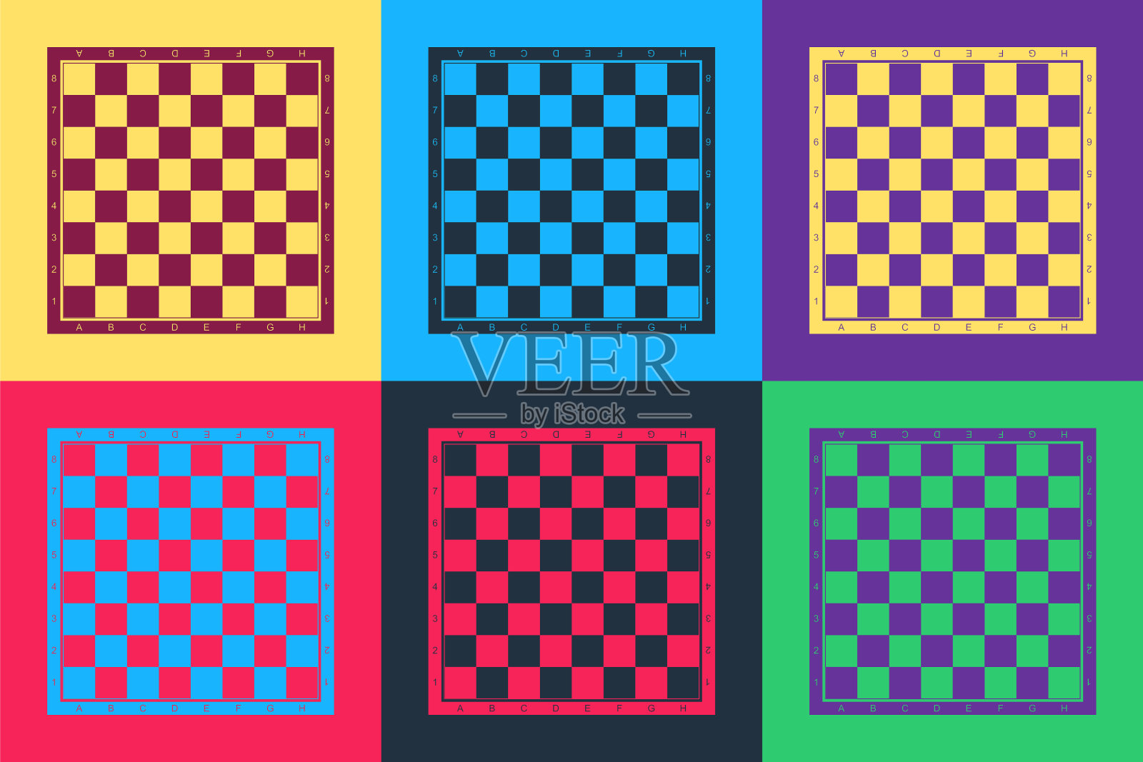 流行艺术象棋棋盘图标孤立的颜色背景。古代智力棋盘游戏。向量插画图片素材