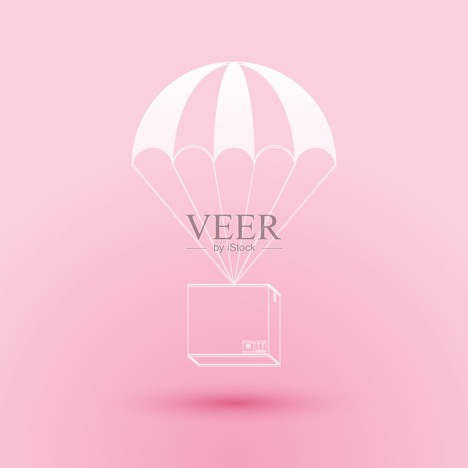 剪纸盒飞行降落伞图标孤立在粉红色的背景。降落伞包裹待运。送货服务,空运概念,奖金。纸艺术风格。向量插画图片素材