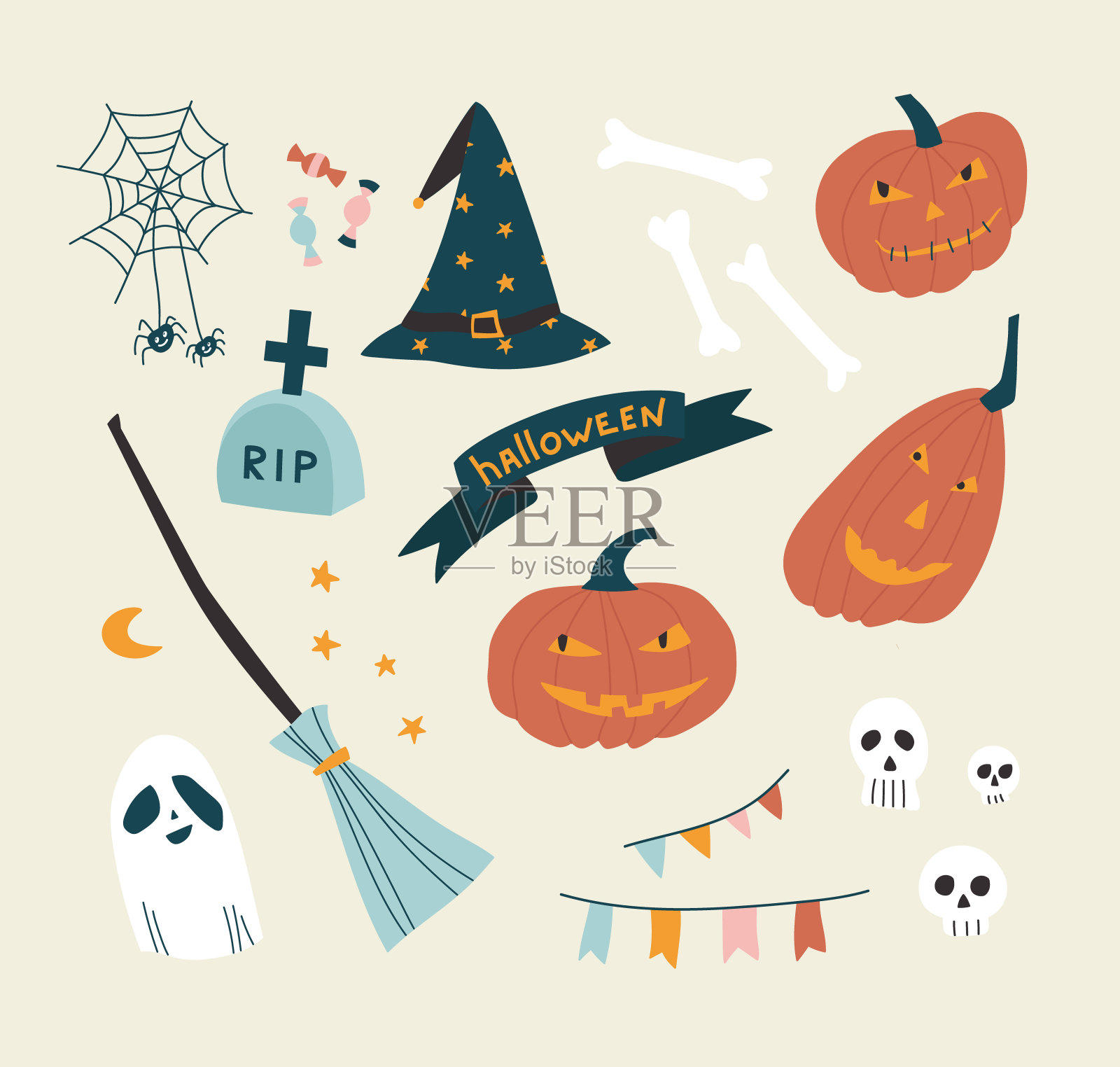 万圣节的矢量插图设置南瓜,扫帚,头骨,坟墓,骨头,蜘蛛,女巫的帽子,幽灵和糖果。插画图片素材