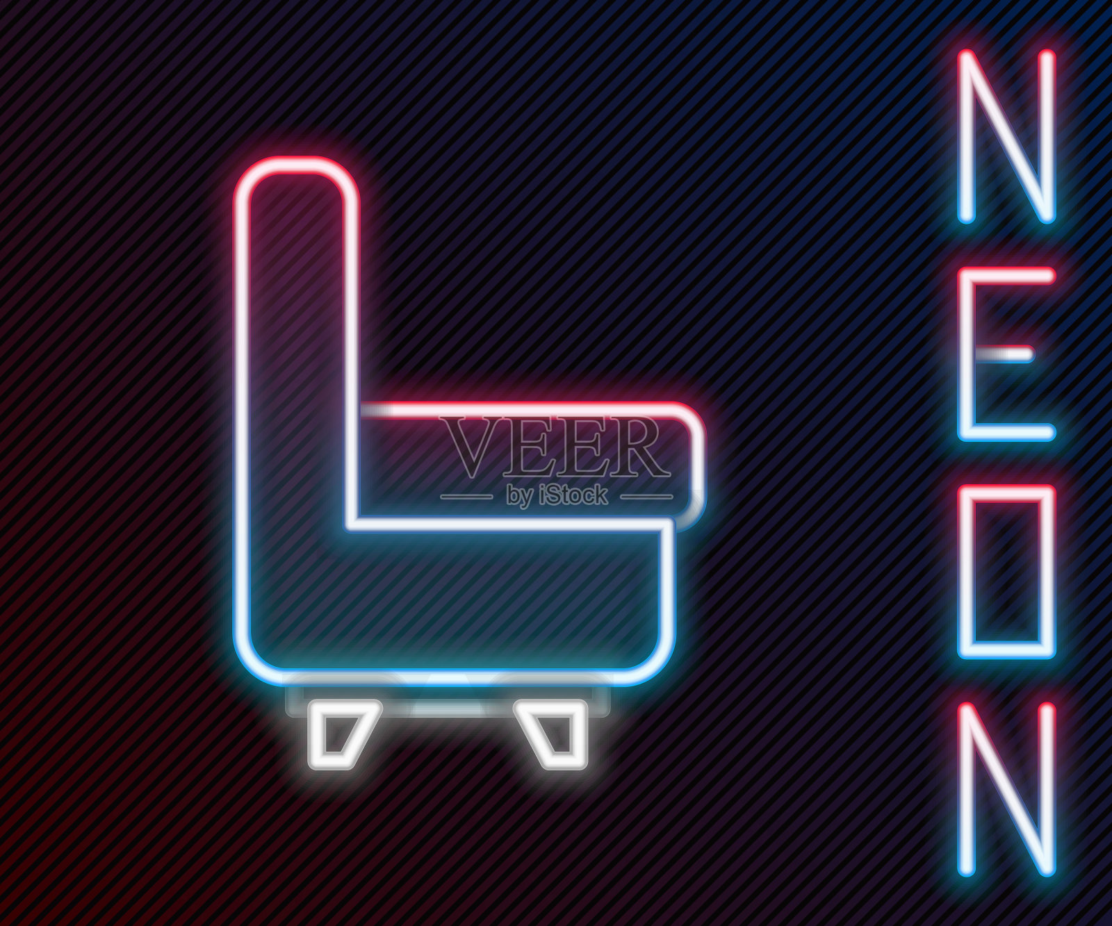 发光的霓虹灯线扶手椅图标孤立在黑色背景。彩色轮廓概念。矢量图插画图片素材