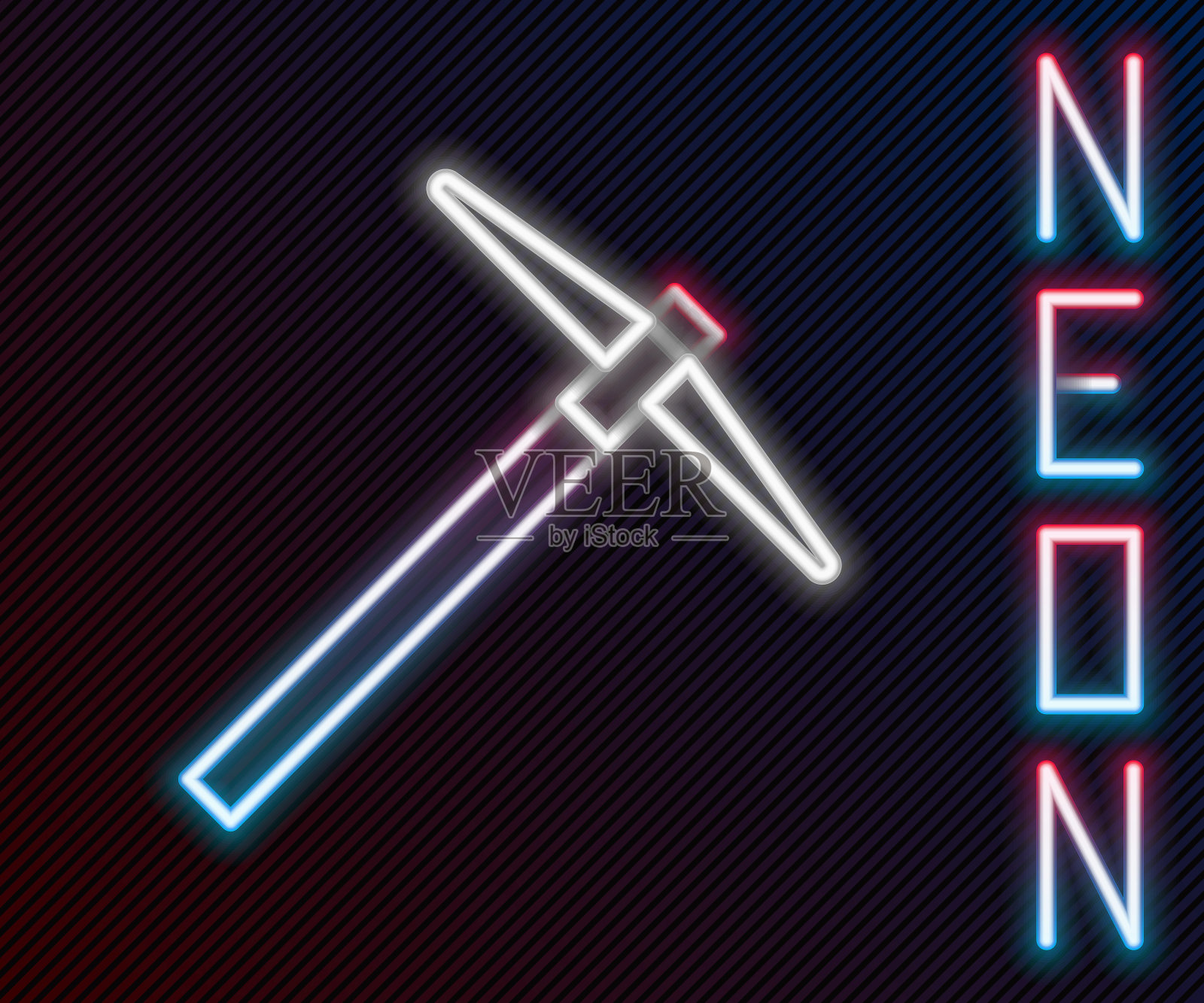 发光的霓虹灯线鹤嘴锄图标孤立在黑色背景。色彩斑斓的轮廓的概念。矢量图插画图片素材