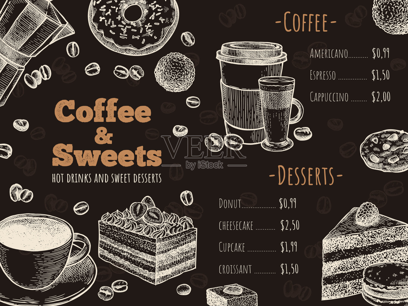 咖啡菜单。咖啡馆,酒吧或咖啡馆菜单设计模板,热饮,甜点和蛋糕,草图广告传单矢量插图插画图片素材