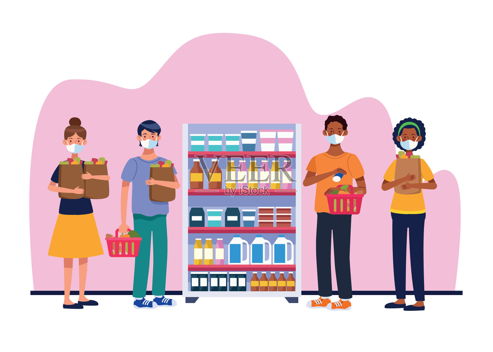 人们带着口罩在超市购物插画图片素材