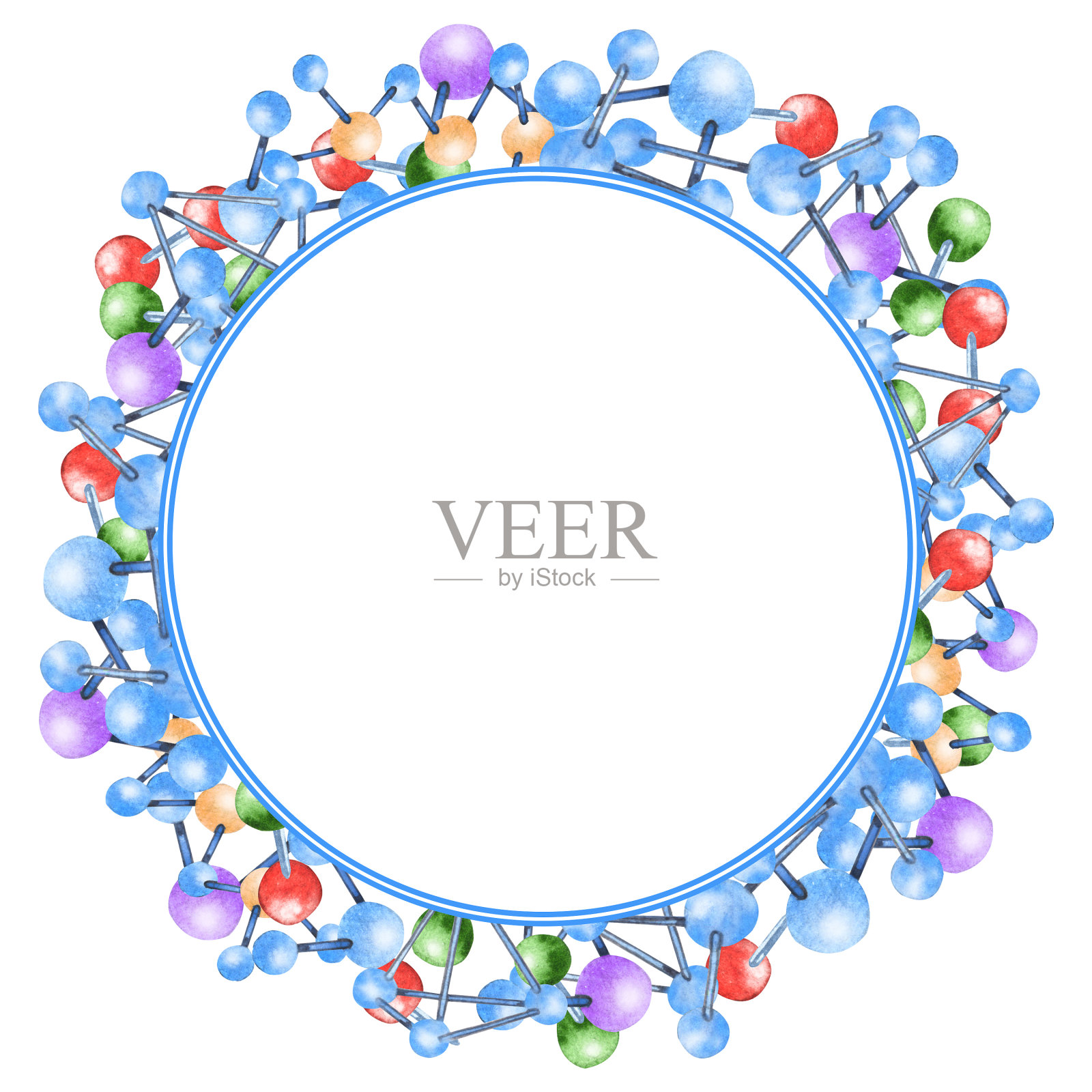 水彩科学框架。分子模型原子图标。手绘插图。设计元素图片