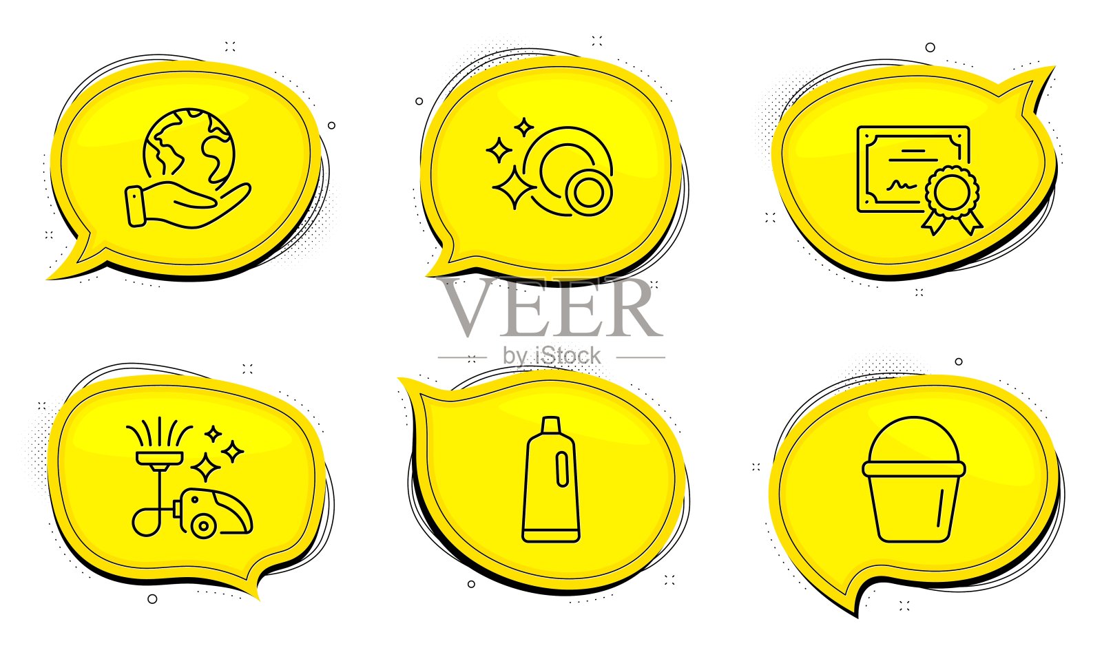 洗发水,吸尘器和水桶图标设置。干净的盘子。向量图标素材