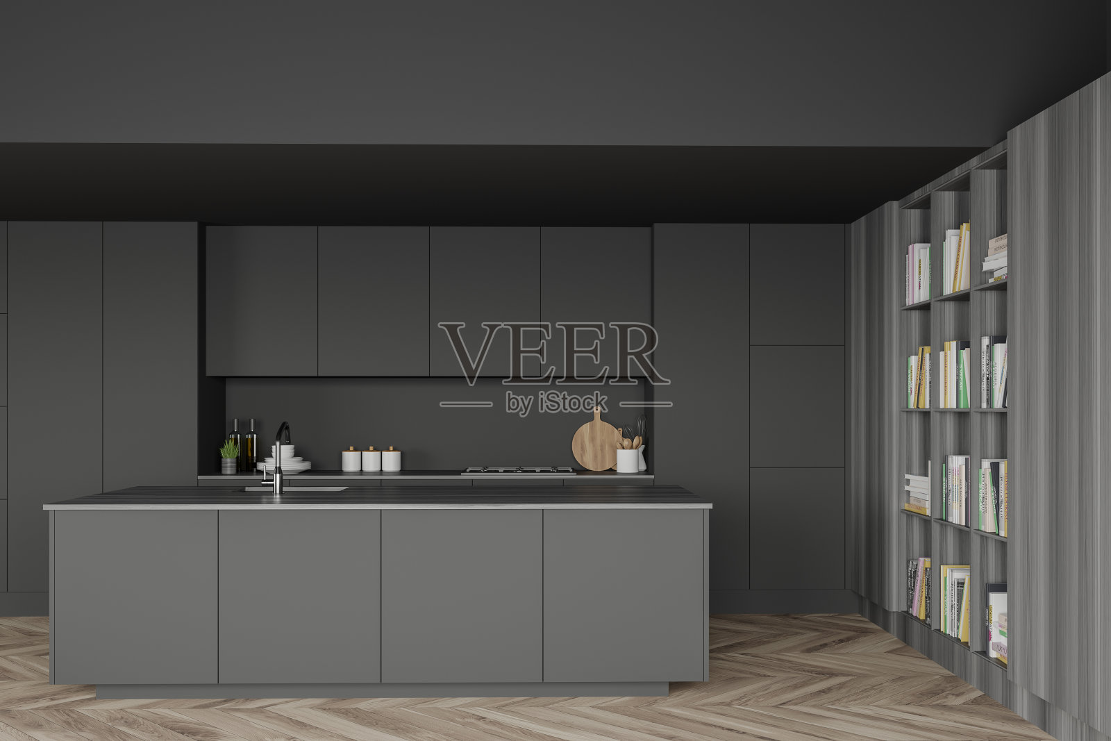 灰色和木制厨房,岛和书柜照片摄影图片