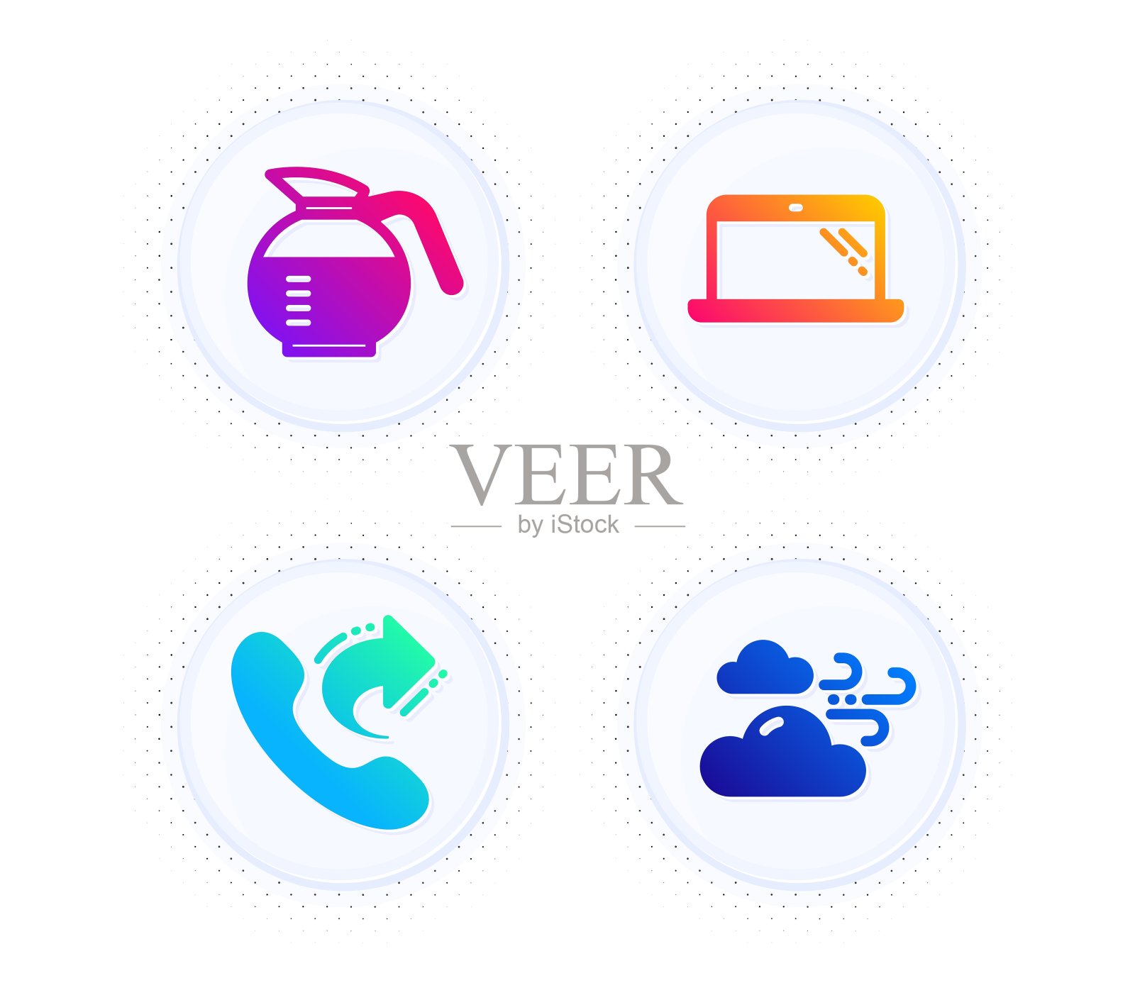 咖啡壶,共享通话和笔记本电脑图标设置。多风的天气标志。煮咖啡,电话支持,电脑。向量图标素材