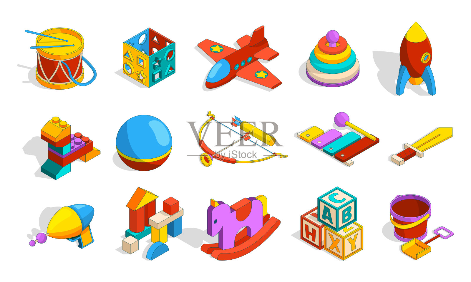 玩具等距。彩色幼儿园对象的孩子,塑料学前玩具套装,盒子,积木,鼓,汽车向量可爱的收集插画图片素材