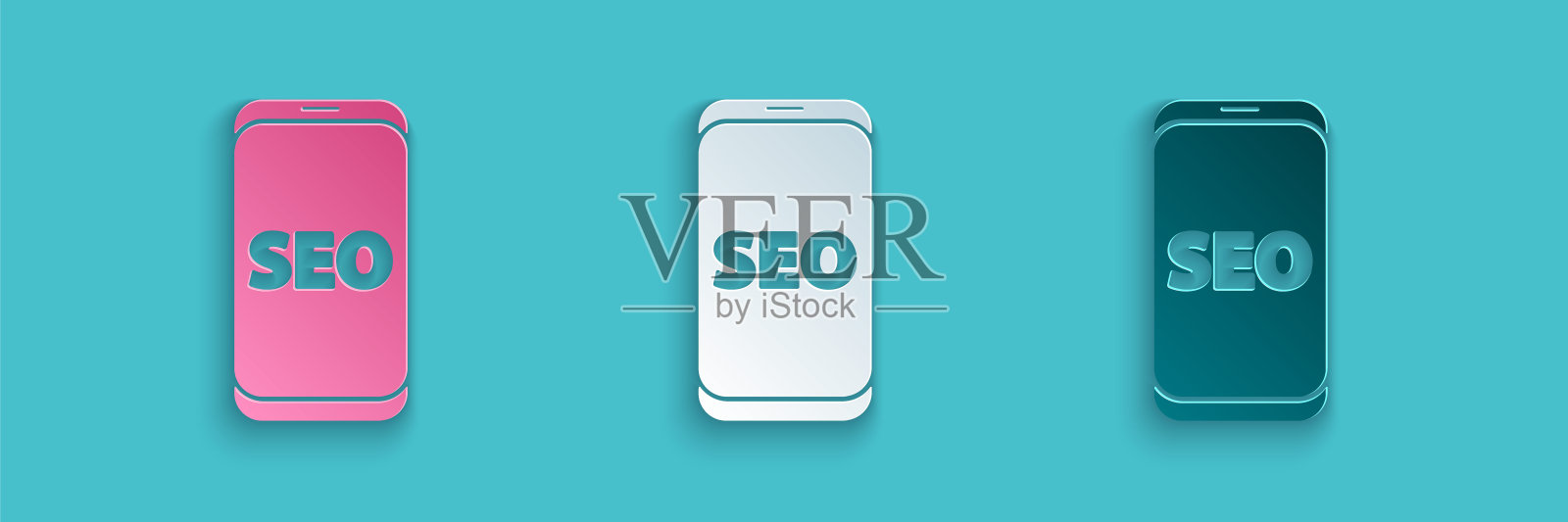 剪纸手机SEO优化概念图标孤立在蓝色背景上。纸艺术风格。矢量图插画图片素材