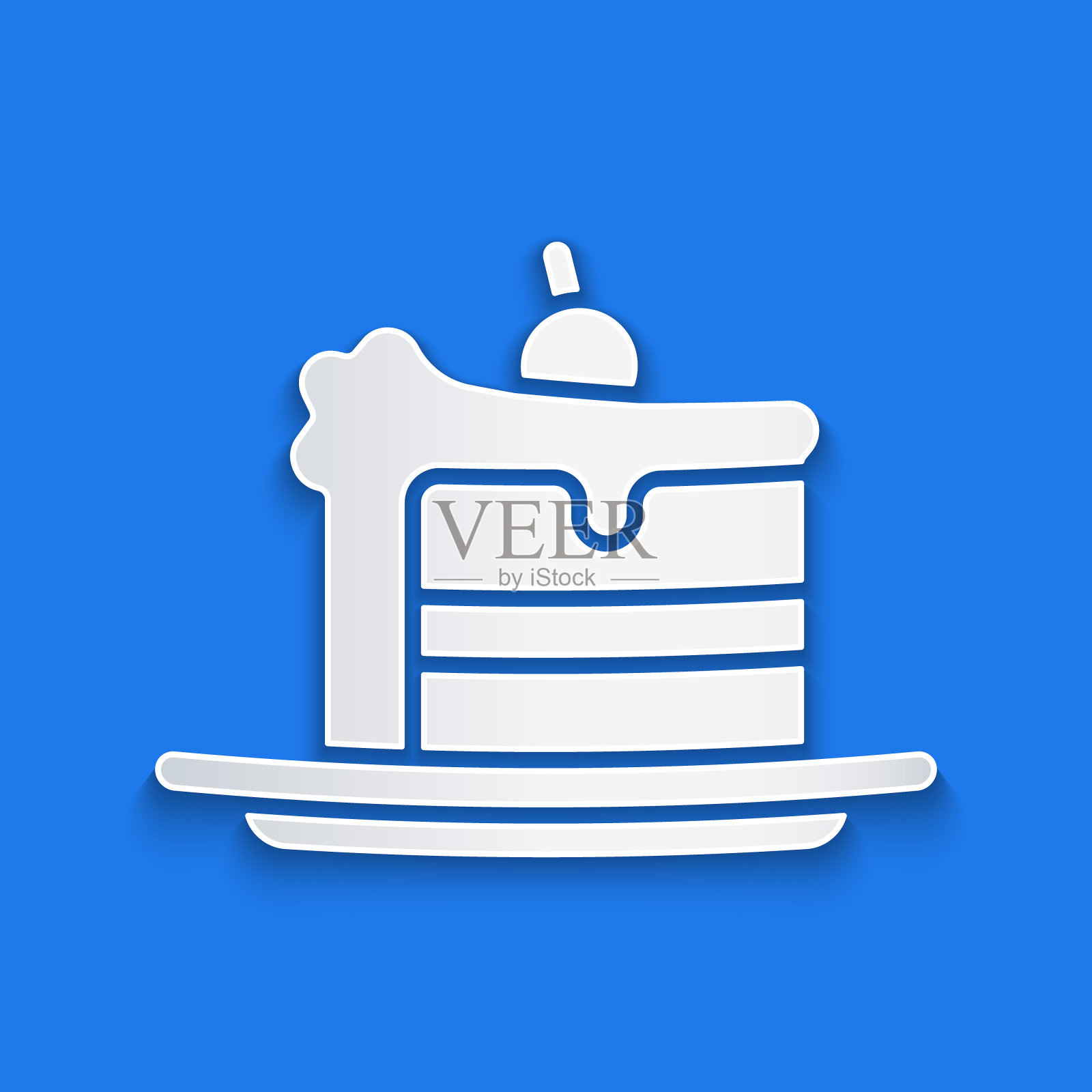 剪纸蛋糕图标孤立在蓝色背景。生日快乐。纸艺术风格。矢量图插画图片素材