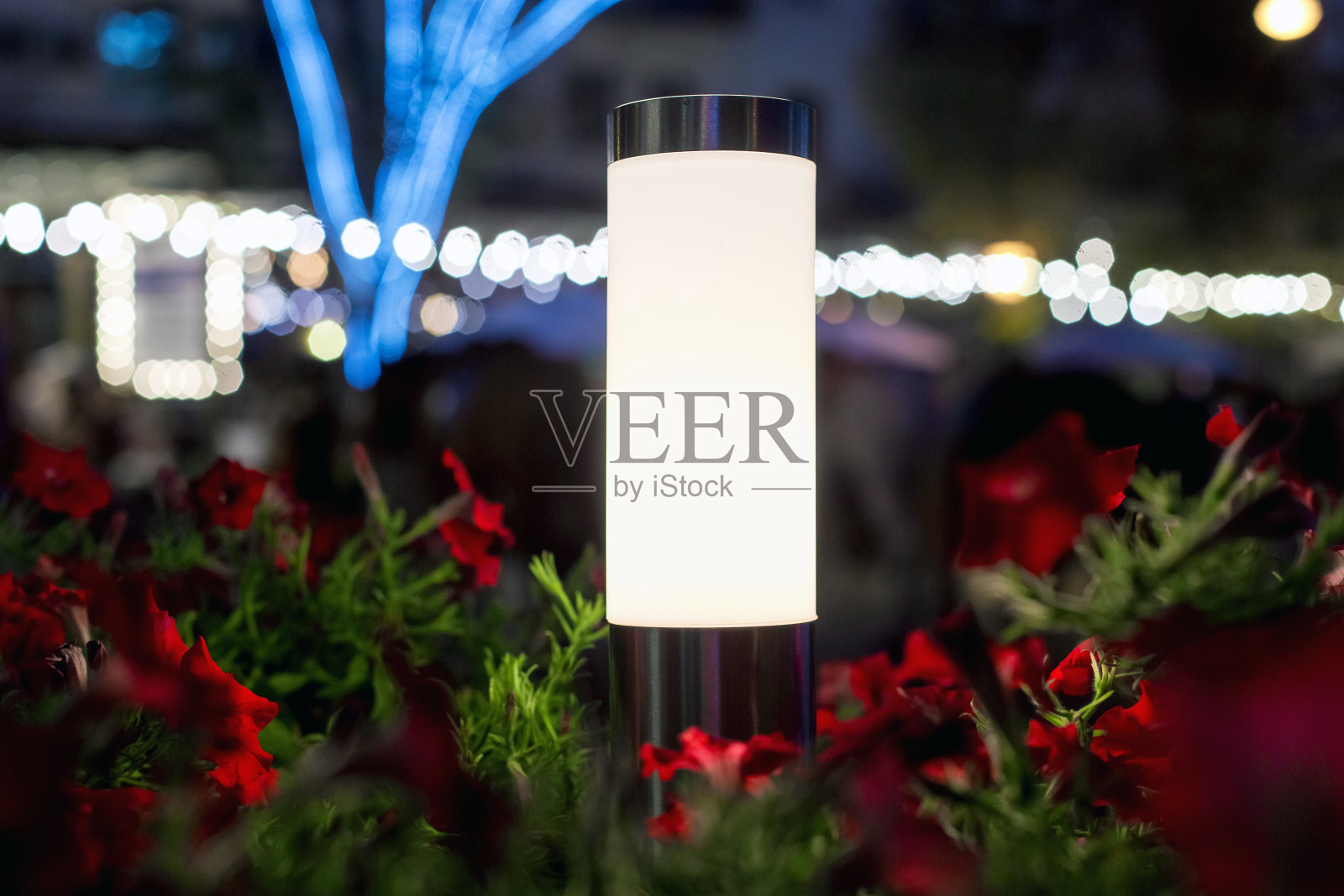 现代的钢灯罩用白色的阴影在花坛上点缀着红色的鲜花,在街头的一个城市餐厅夜光景象,无人。照片摄影图片