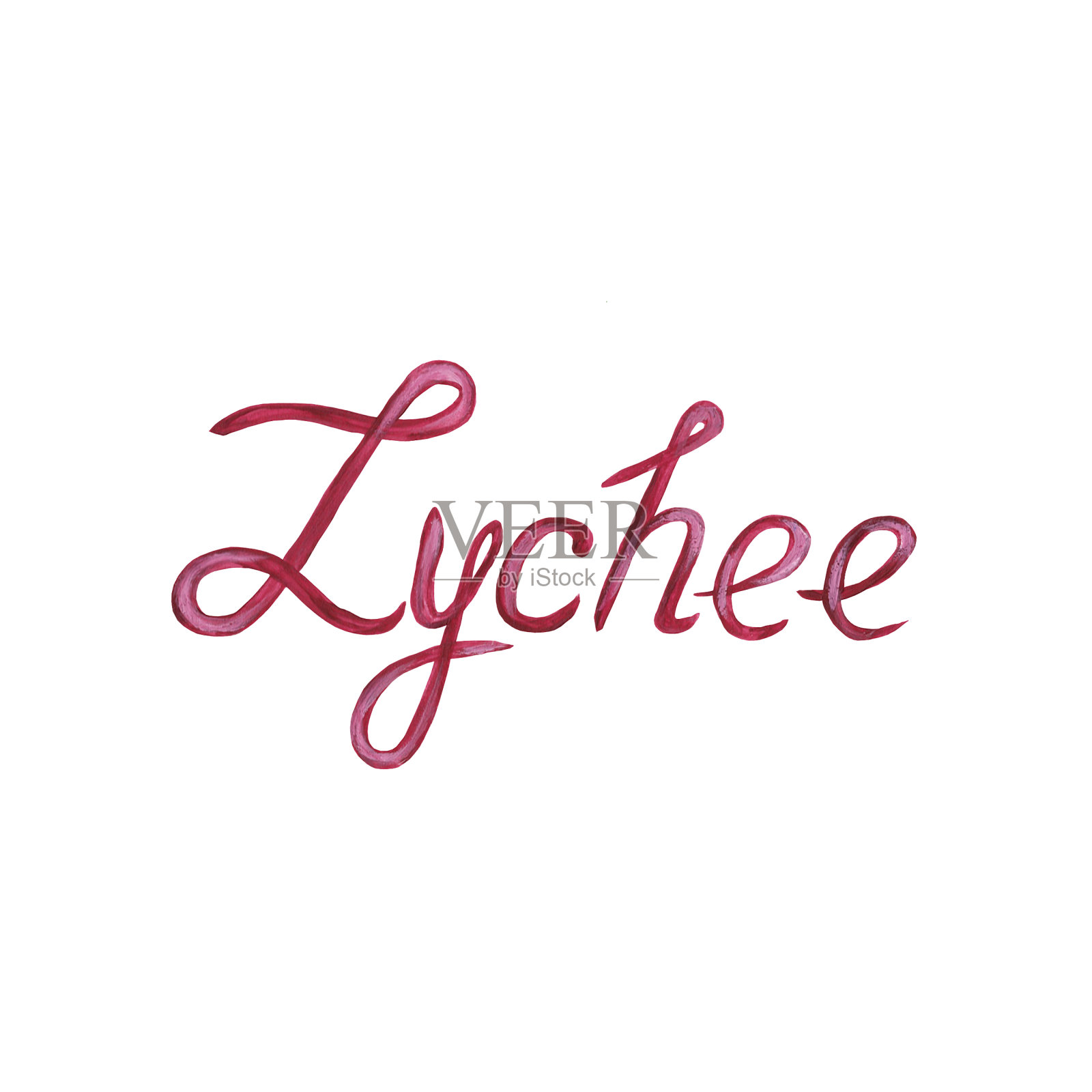 荔枝手写体线形文字。平的风格。标志。水彩插图。图标上孤立的白色背景。插画图片素材