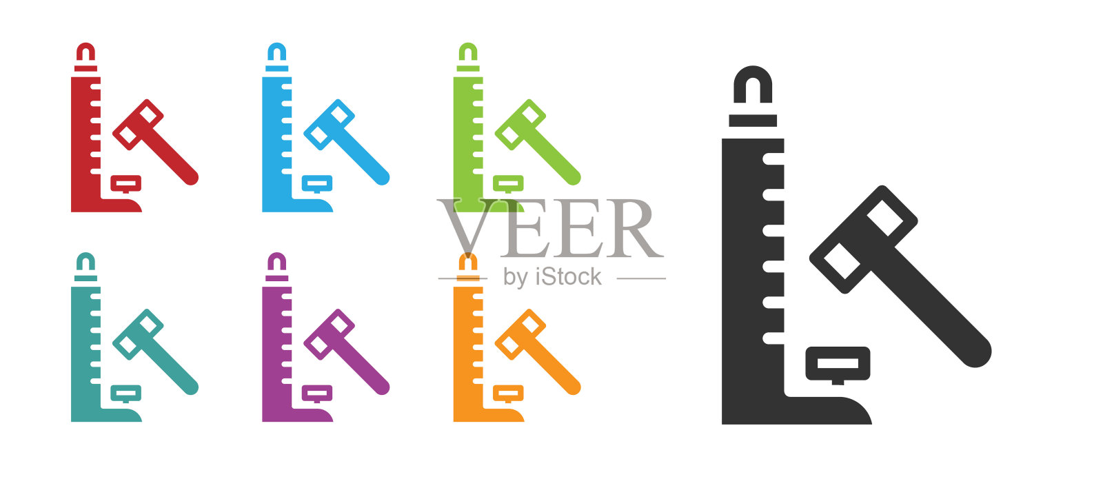黑色高前锋吸引与大锤图标孤立在白色背景。用于测量强度的吸引力。游乐园。设置图标丰富多彩。向量图标素材