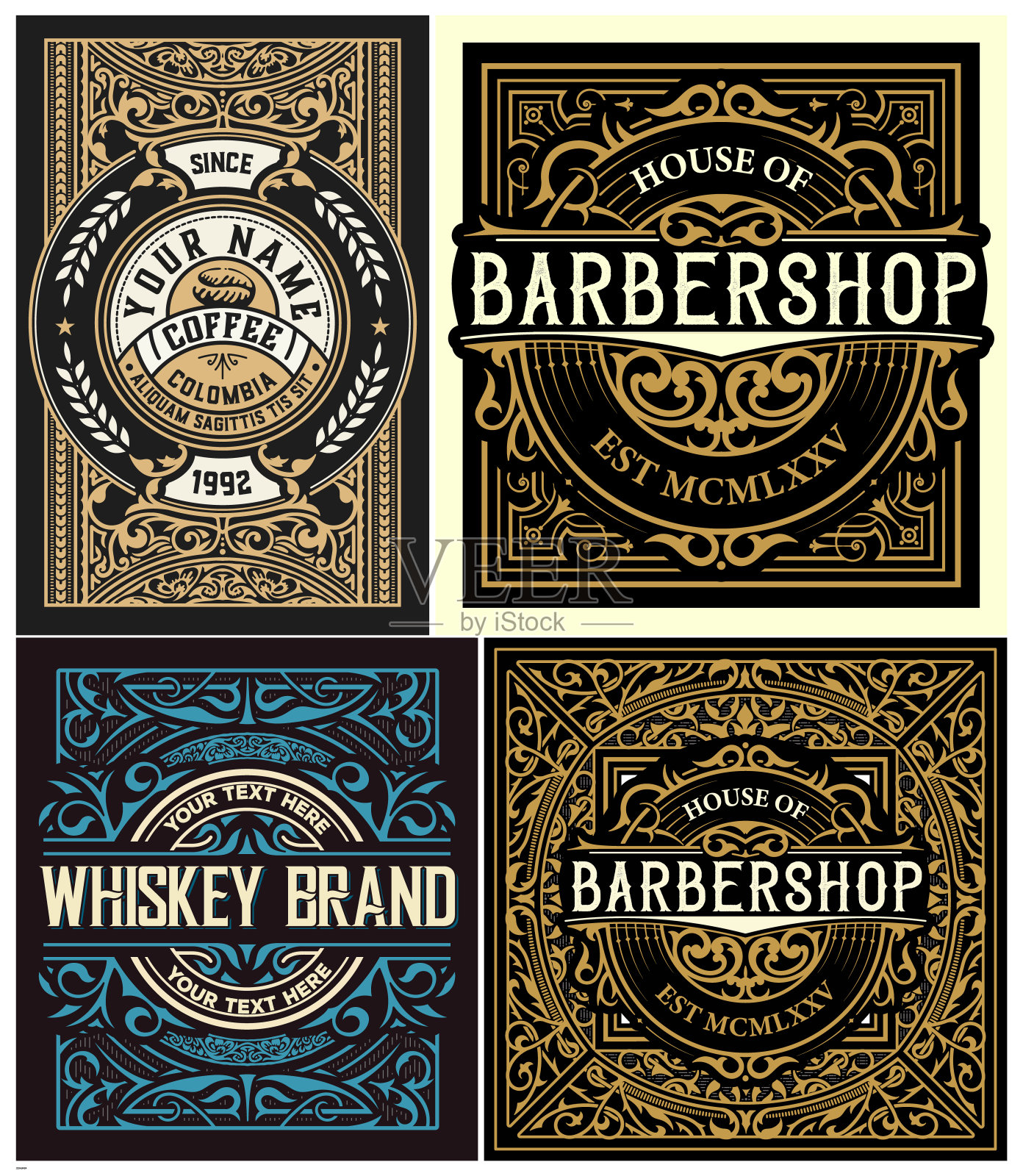 一套由层组织的4个复古标签插画图片素材