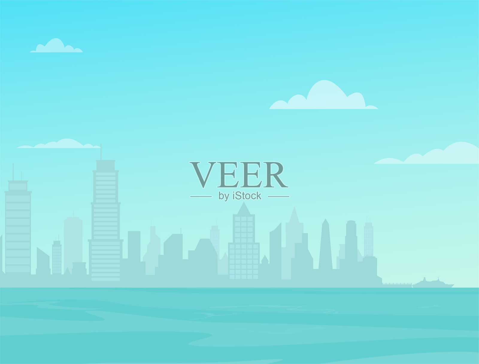 海上的现代城市天际线。城市街道景观。插画图片素材