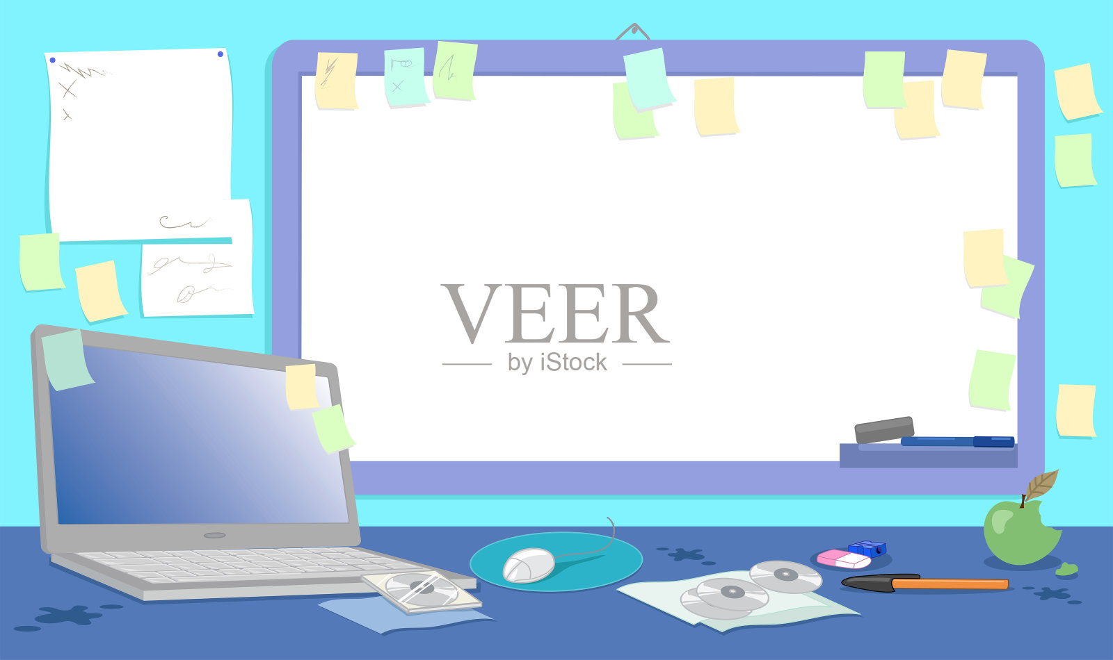 凌乱的办公桌与空白白板矢量插图插画图片素材