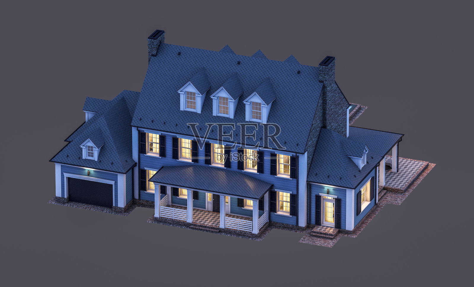 3D渲染现代殖民风格房屋夜景照片摄影图片