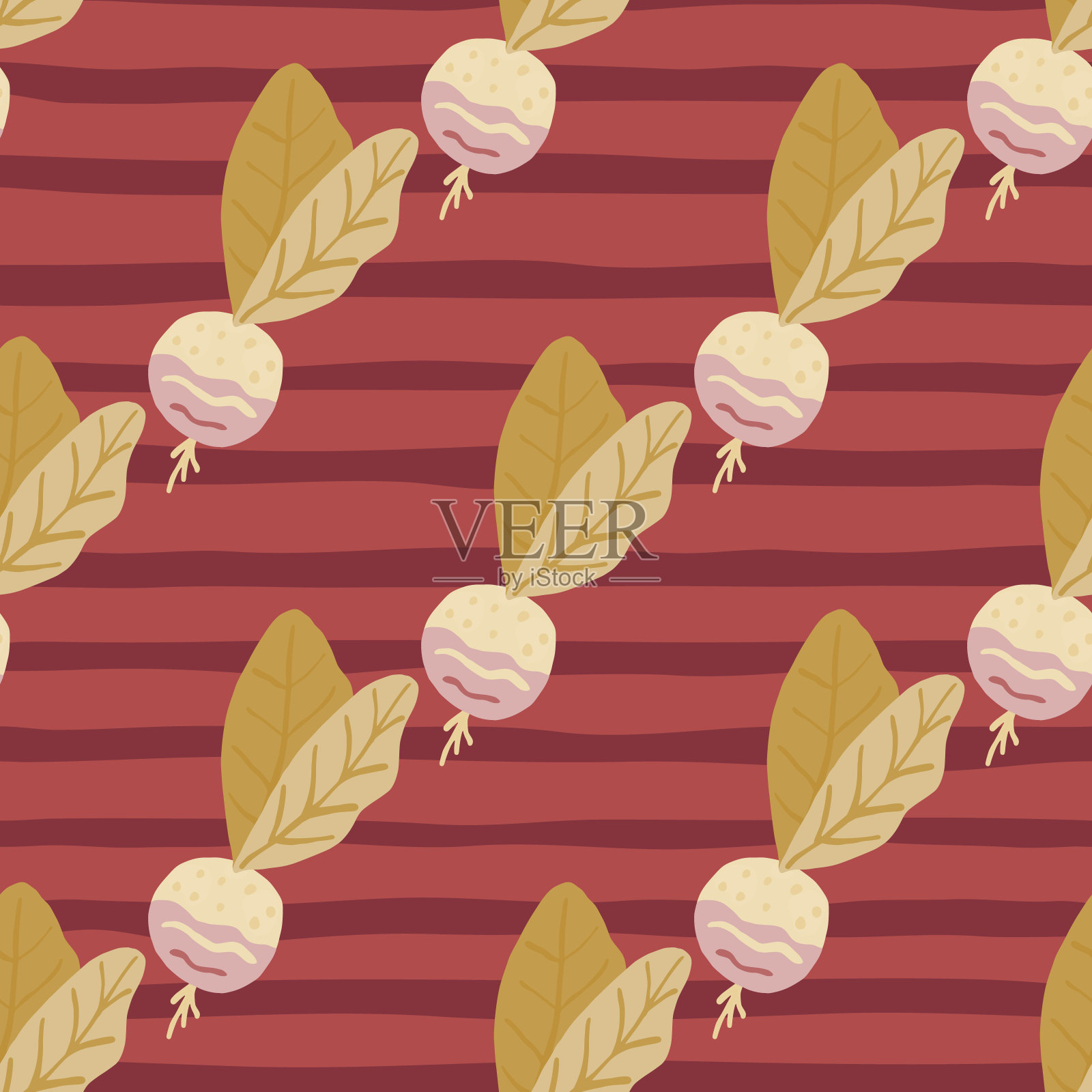 健康食品与萝卜无缝图案。栗色剥离背景与赭色和白色元素。插画图片素材