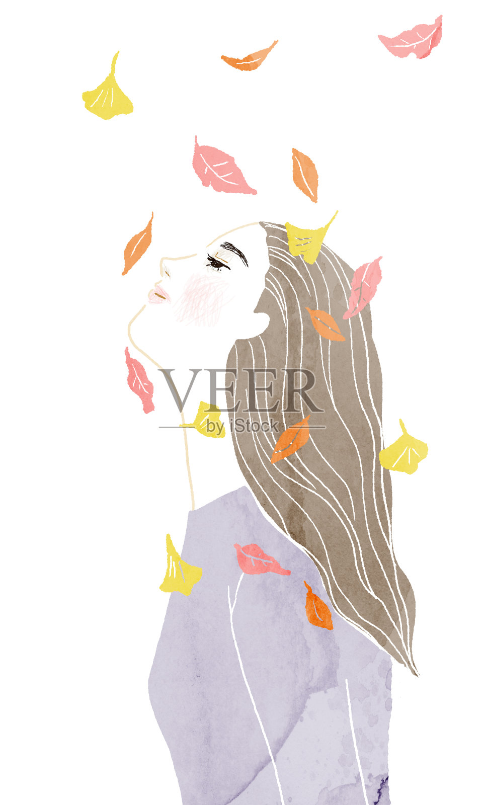 看着落叶的女人插画图片素材