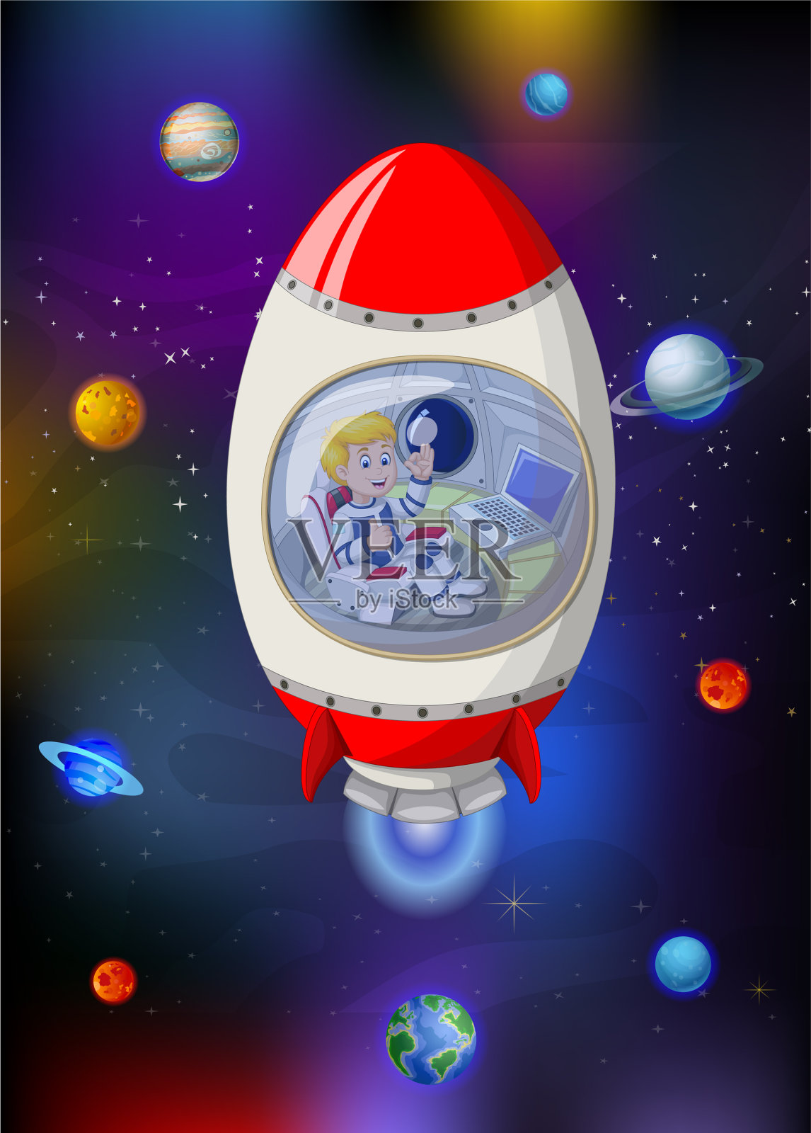 冷红白色火箭在星系空间插画图片素材