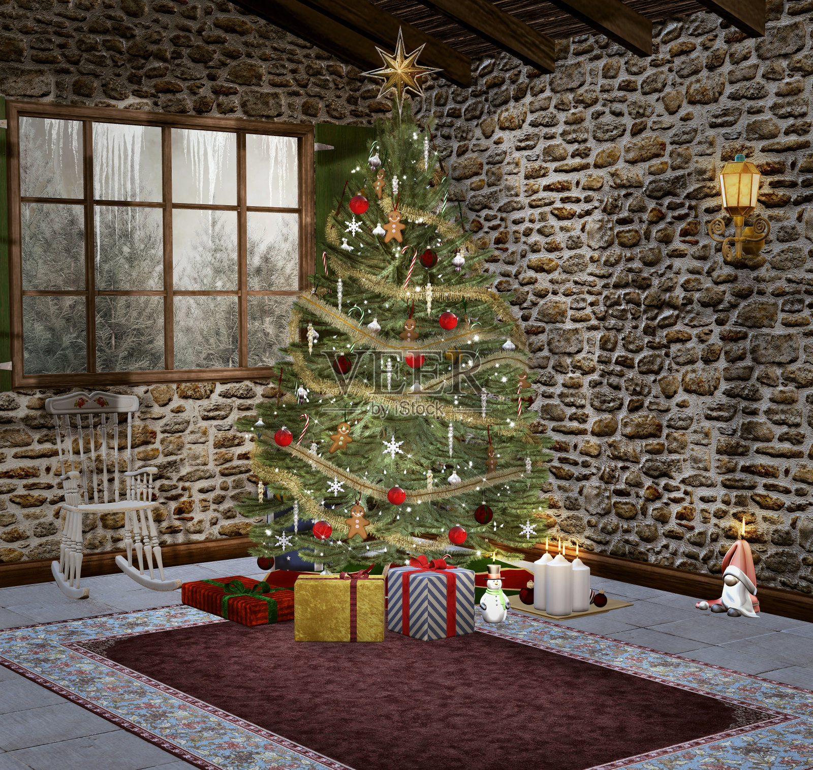 一间能看到冬季景色的圣诞房照片摄影图片