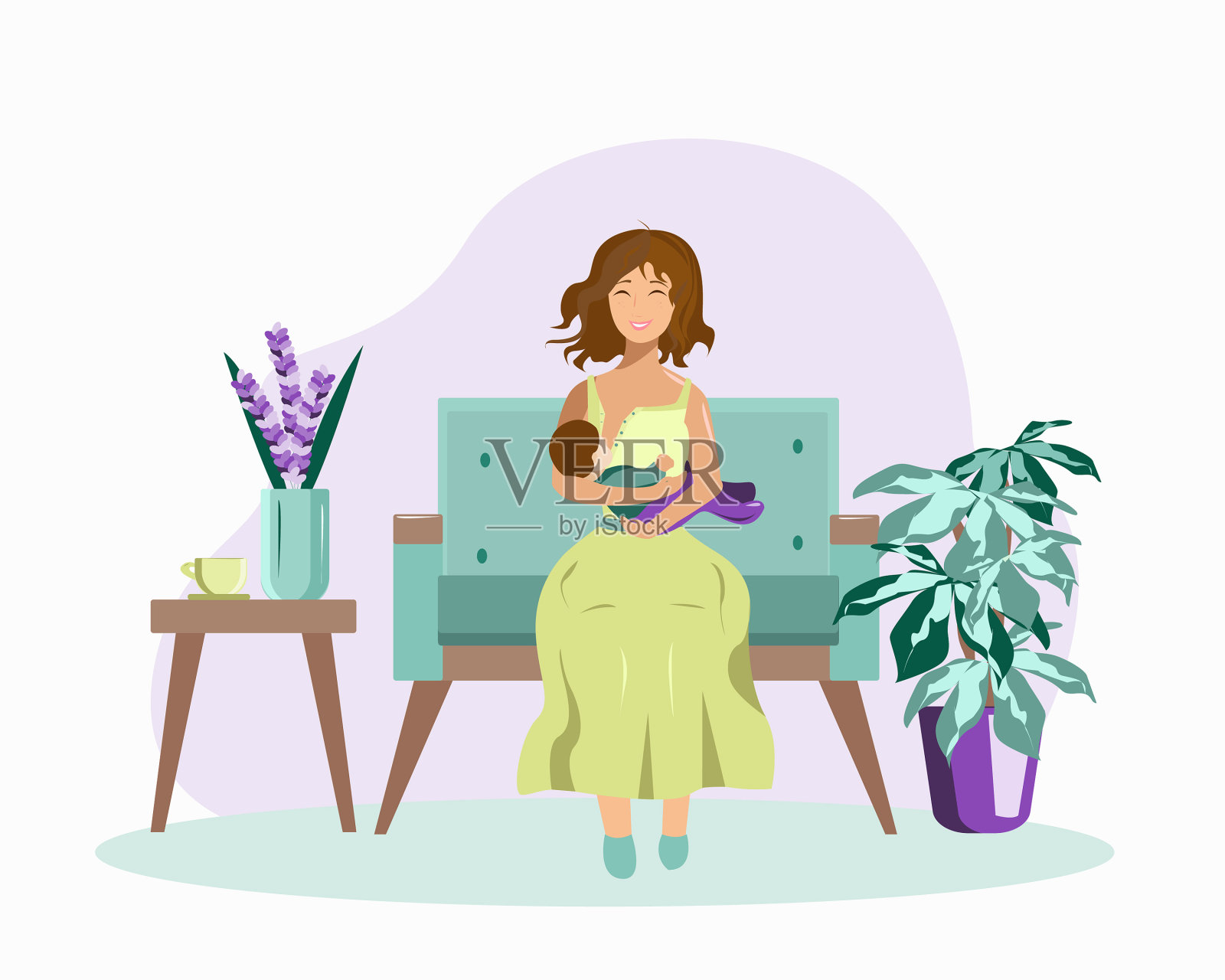 一个哺乳的母亲坐在沙发上喂插画图片素材