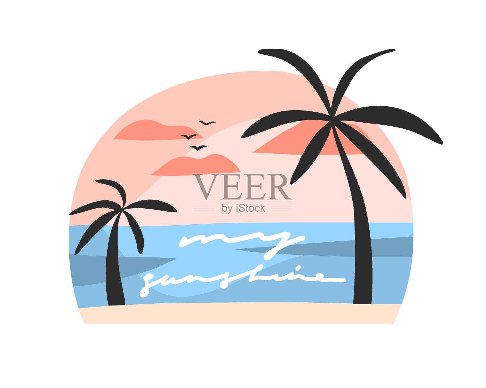 手绘矢量抽象股票平面图形插图日落海滩场景和棕榈树孤立在白色的背景插画图片素材