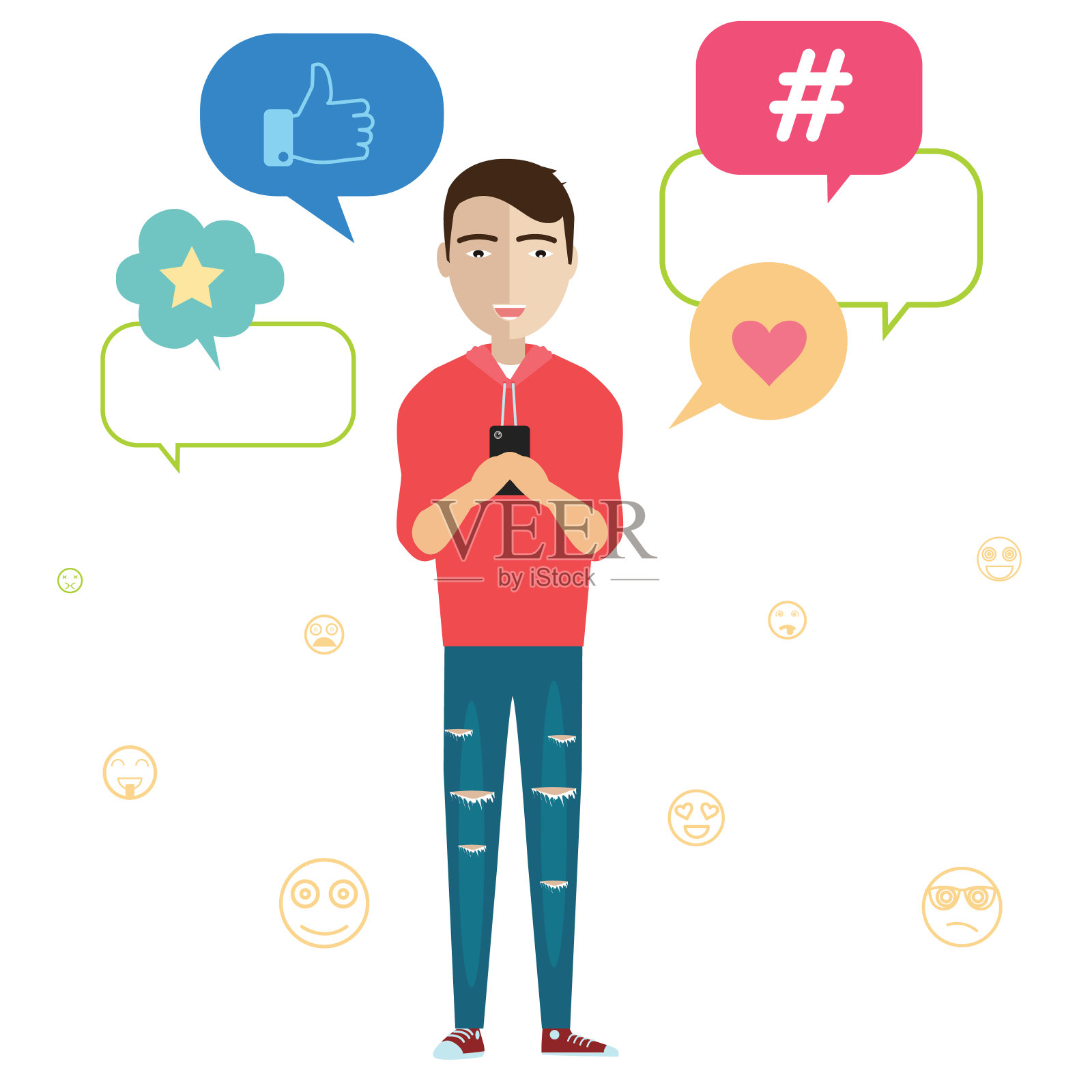 年轻男子使用移动智能手机在社交网络信使或约会应用程序中发短信的平面矢量插图。微笑的家伙站在周围的语音气泡-矢量插画图片素材