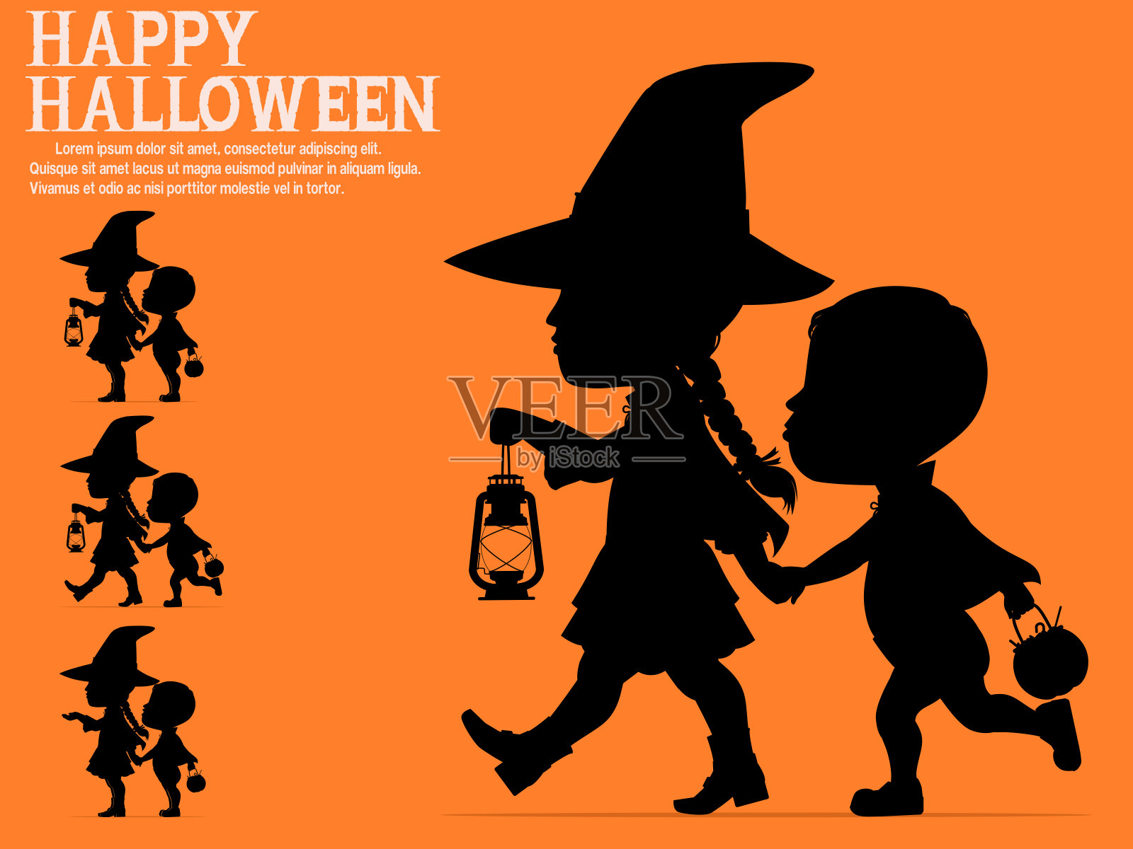万圣节孩子的剪影在橙色的背景插画图片素材