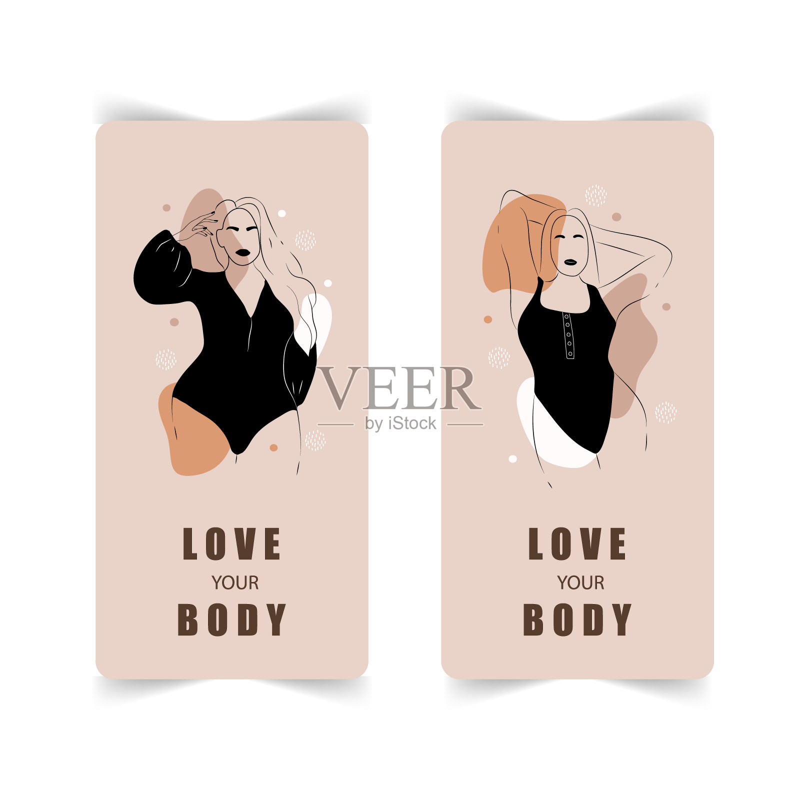 身体正面故事模板。抽象的极简主义女性形象。线性优雅的女性在抽象的简单形状的内衣和泳衣。社交媒体推广设计。移动背景。插画图片素材