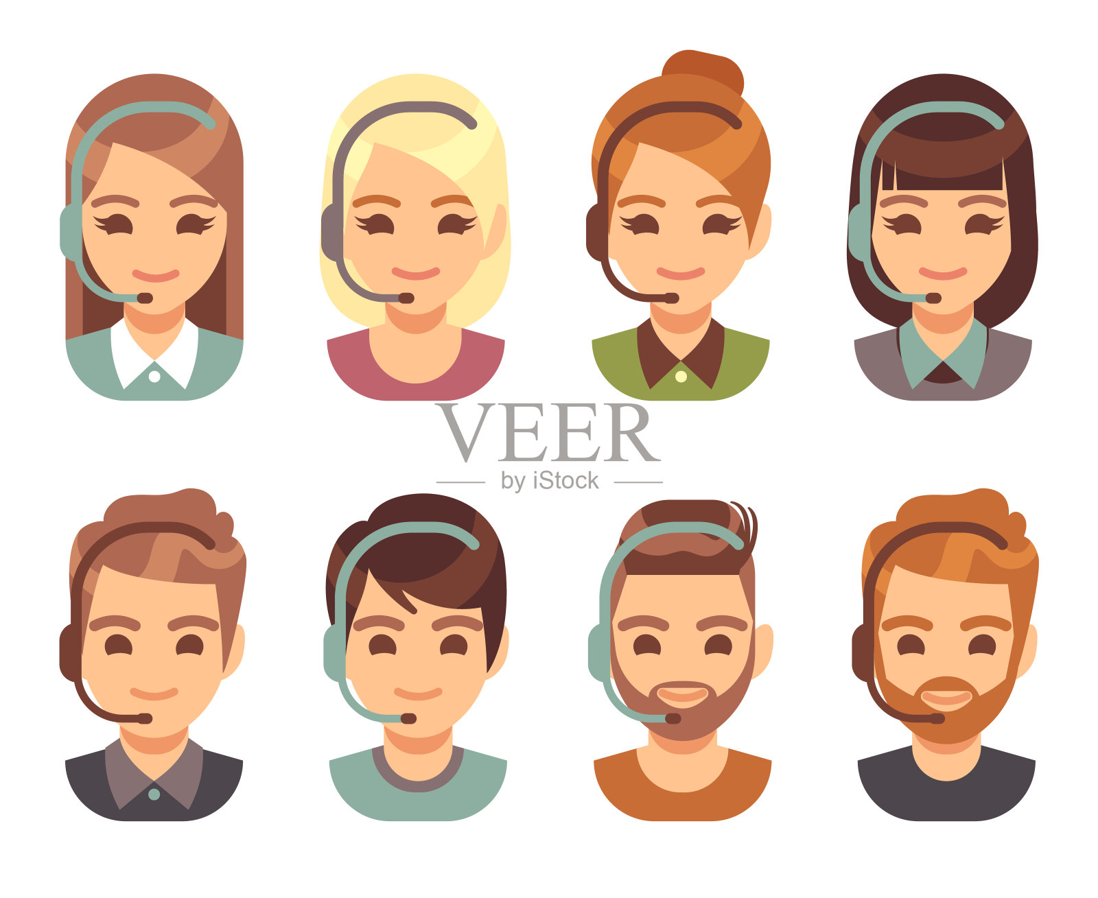 呼叫中心的男接线员和女接线员。卡通人物代理人戴着耳机。支持和联系矢量平面图标图标素材