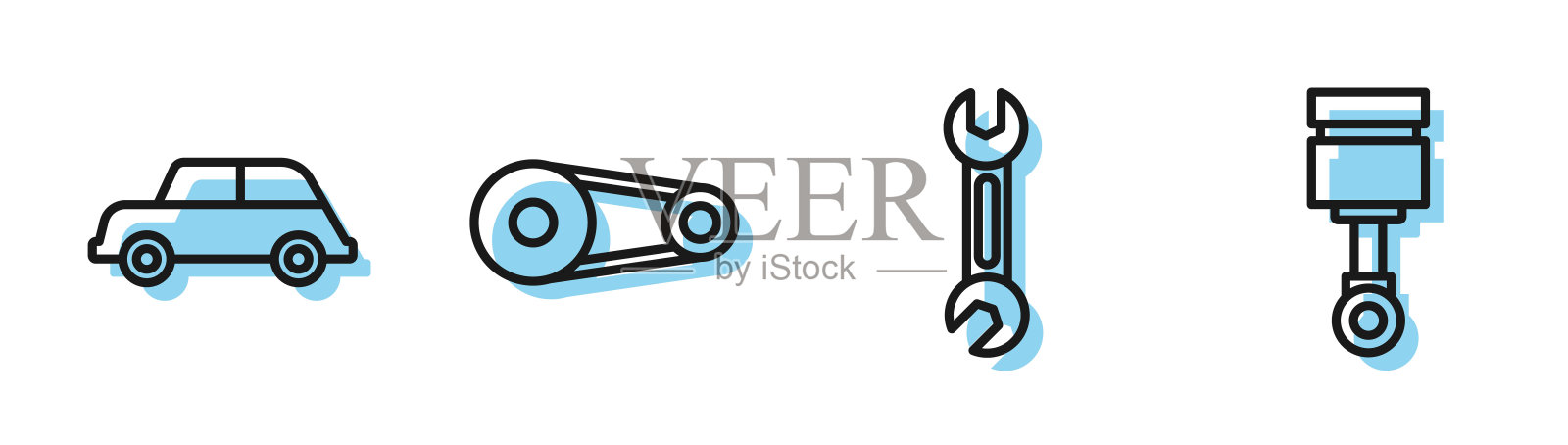 设定线扳手,汽车,同步带套件和发动机活塞图标。向量插画图片素材