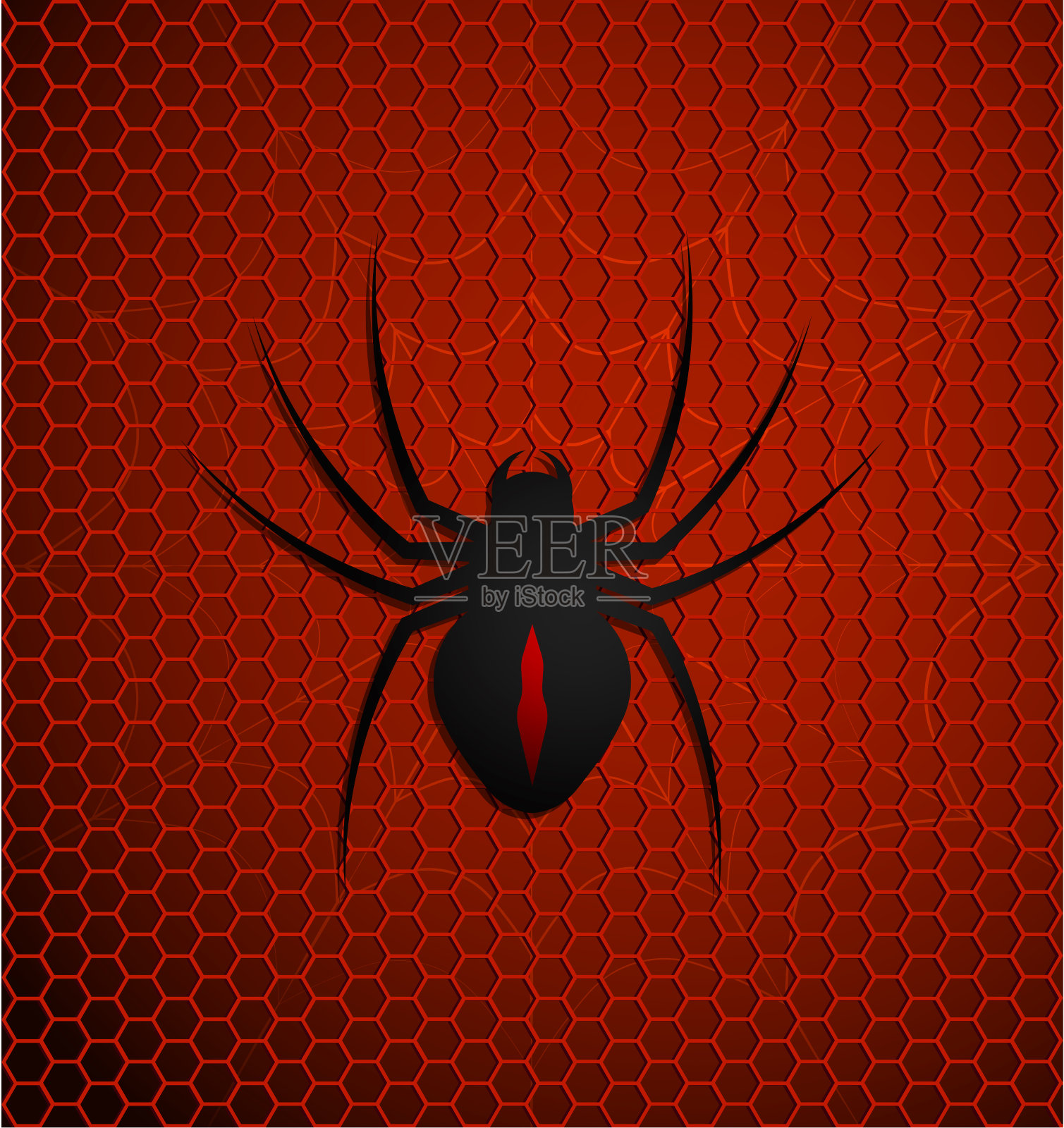 红色多边形背景上的黑色毒蜘蛛。危险的昆虫。向量插画图片素材