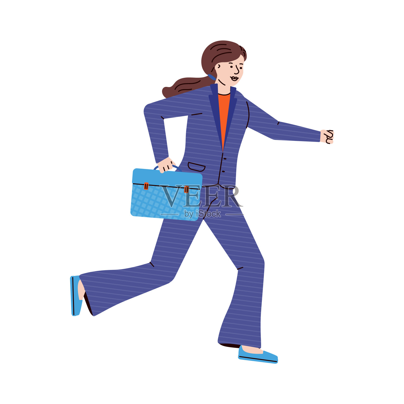 女商人与公文包运行平面卡通矢量插图孤立。插画图片素材