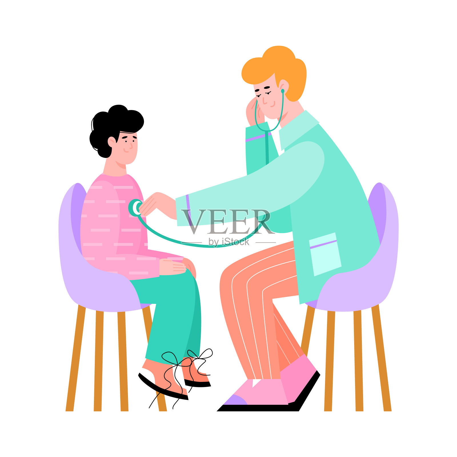 儿科医生隔离听儿童卡通矢量插图心跳。插画图片素材