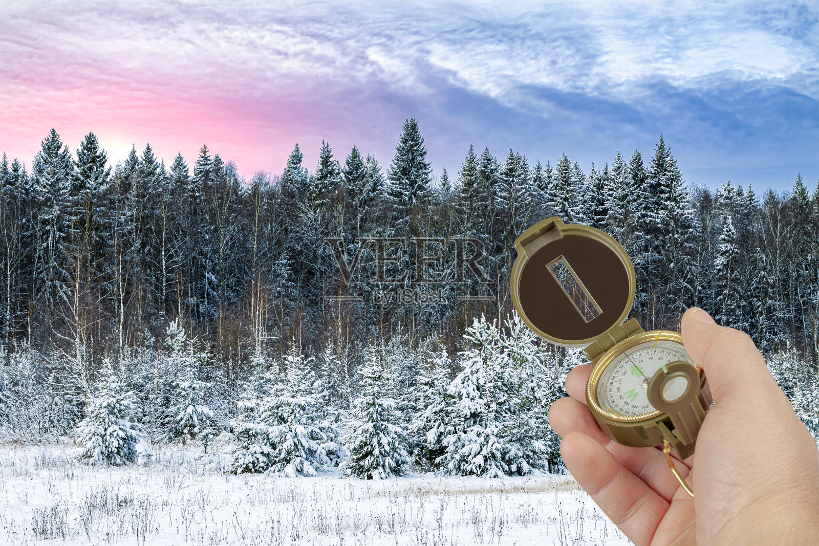 那只手拿着罗盘对着冬天的森林。照片摄影图片