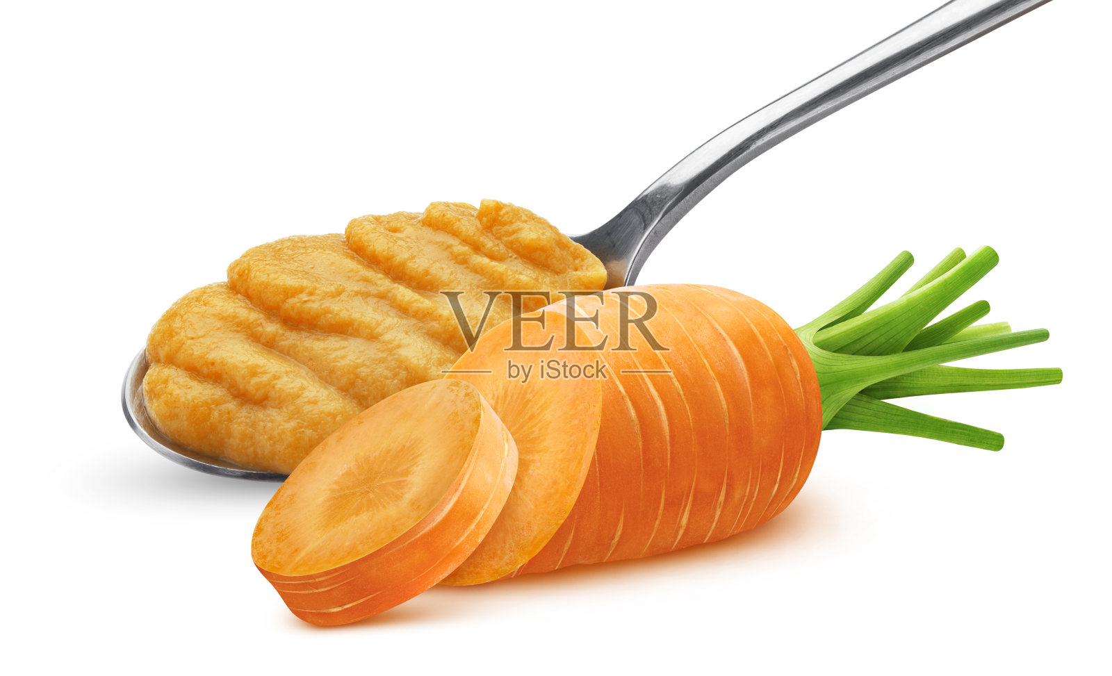 胡萝卜泥在勺子孤立的白色背景照片摄影图片