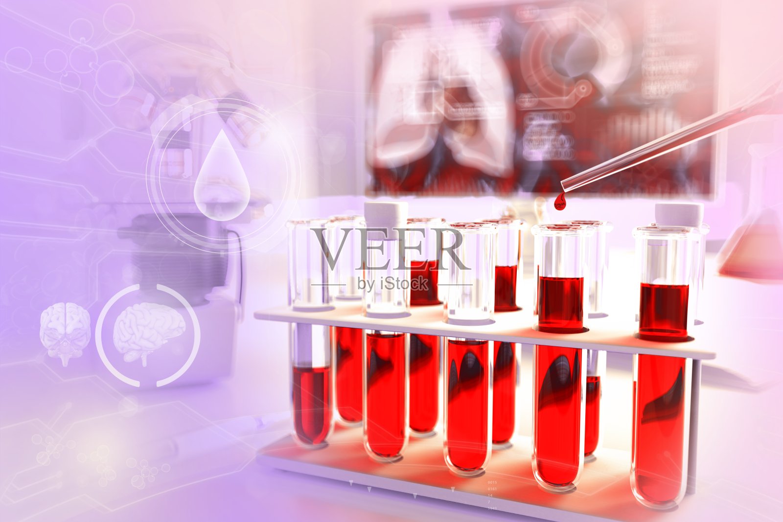 医学3D插图,研究机构的试管小瓶-新型冠状病毒或甘油三酯血液检测,创造性梯度覆盖照片摄影图片