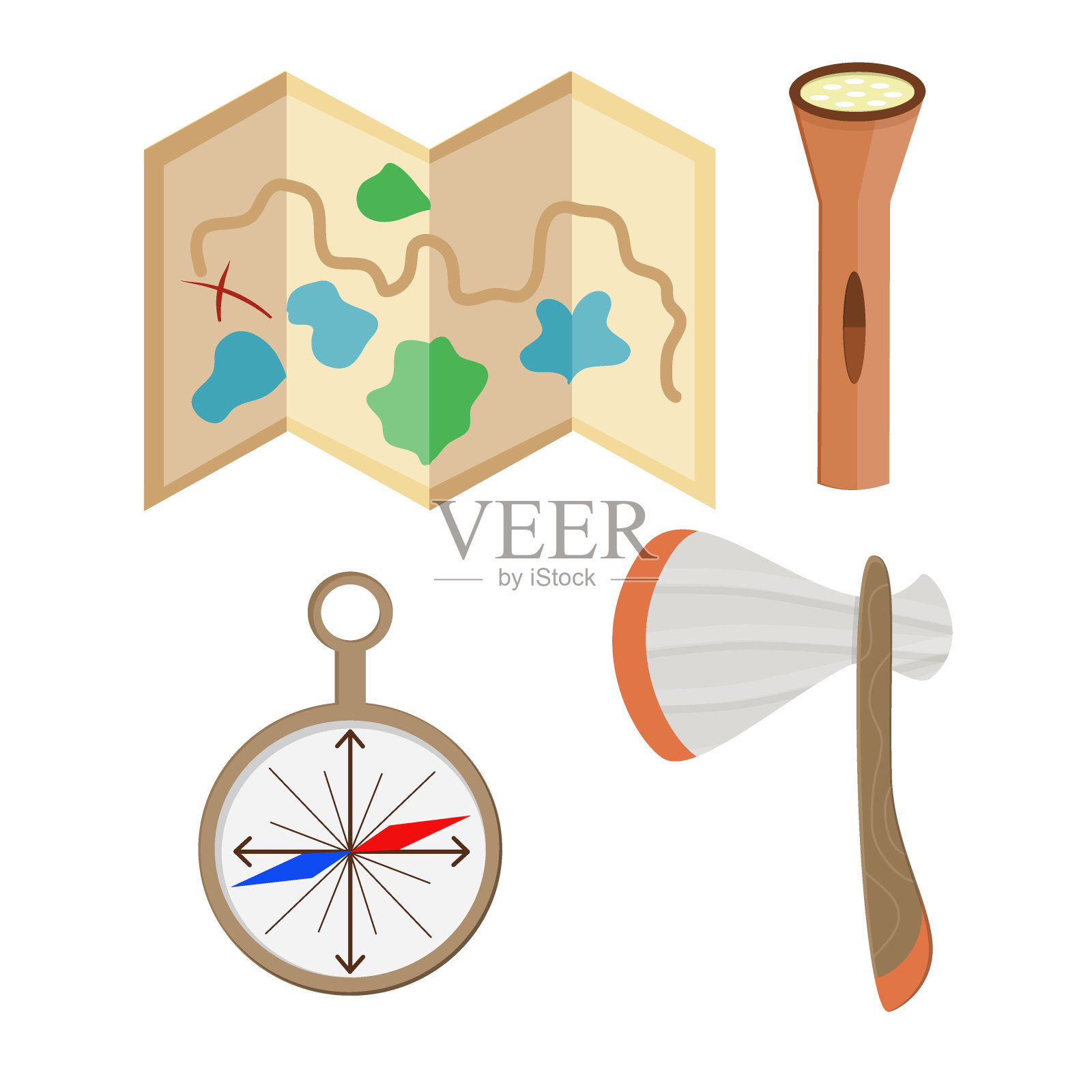 露营和户外物品被隔离在白色背景上。地图,手电筒,指南针和斧头的战役。插图在一个扁平的卡通风格。插画图片素材