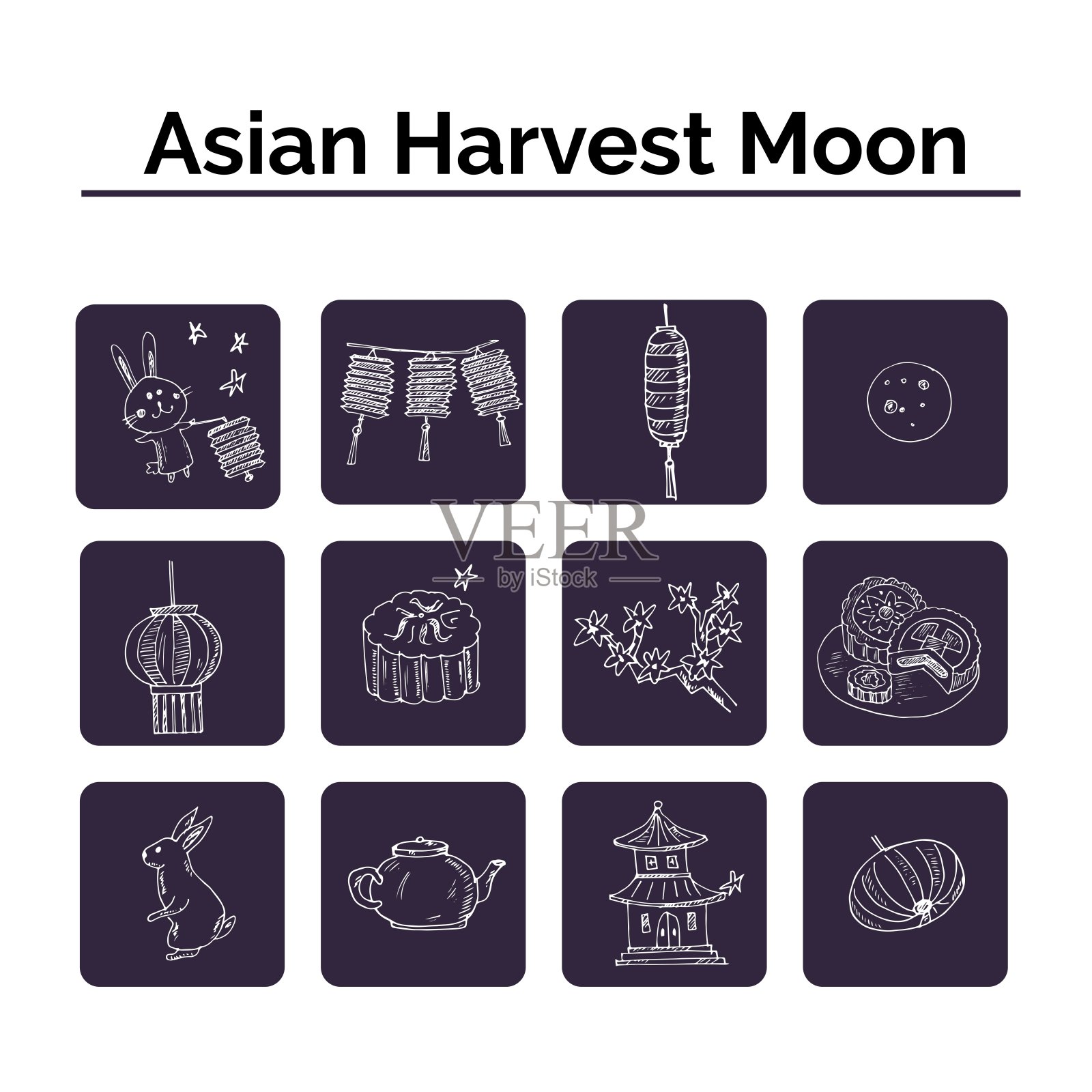 中国纸灯笼收藏。不同的形状和类型。亚洲传统节日的装饰元素。徒手矢量图孤立在白色背景。插画图片素材