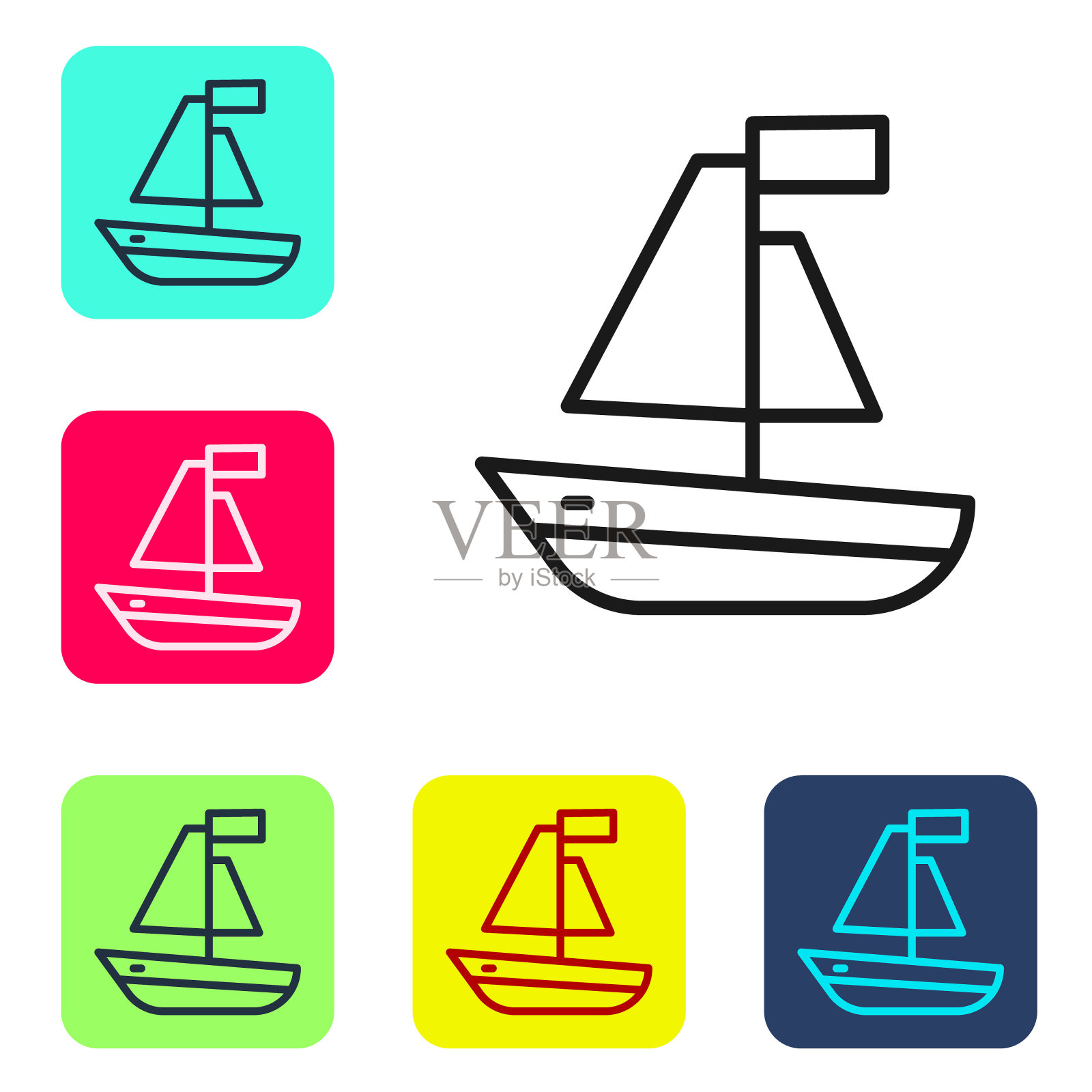 黑线玩具船图标孤立在白色背景。设置图标的颜色方形按钮。向量插画图片素材