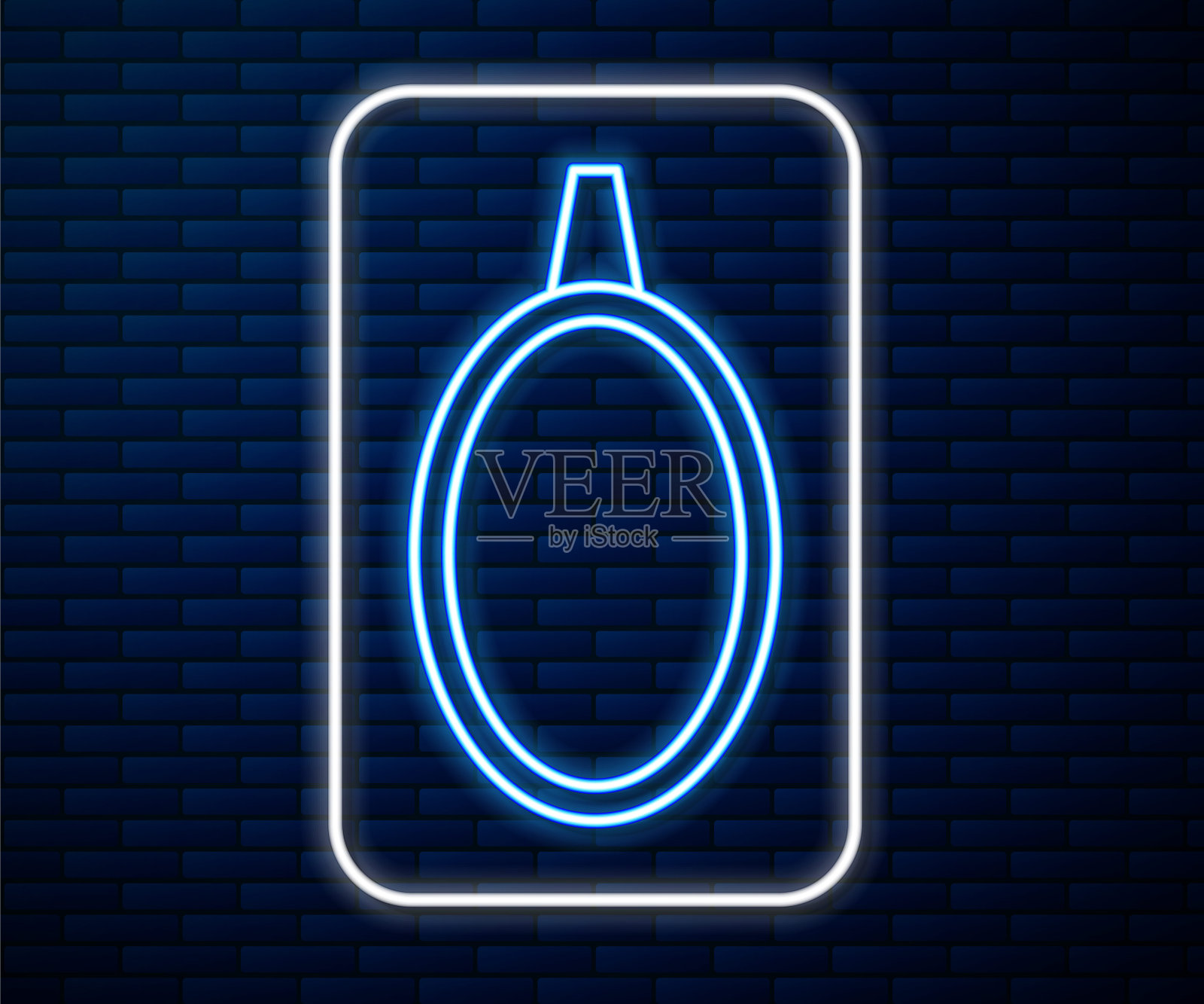 发光的霓虹灯线镜子图标孤立在砖墙的背景。矢量图插画图片素材
