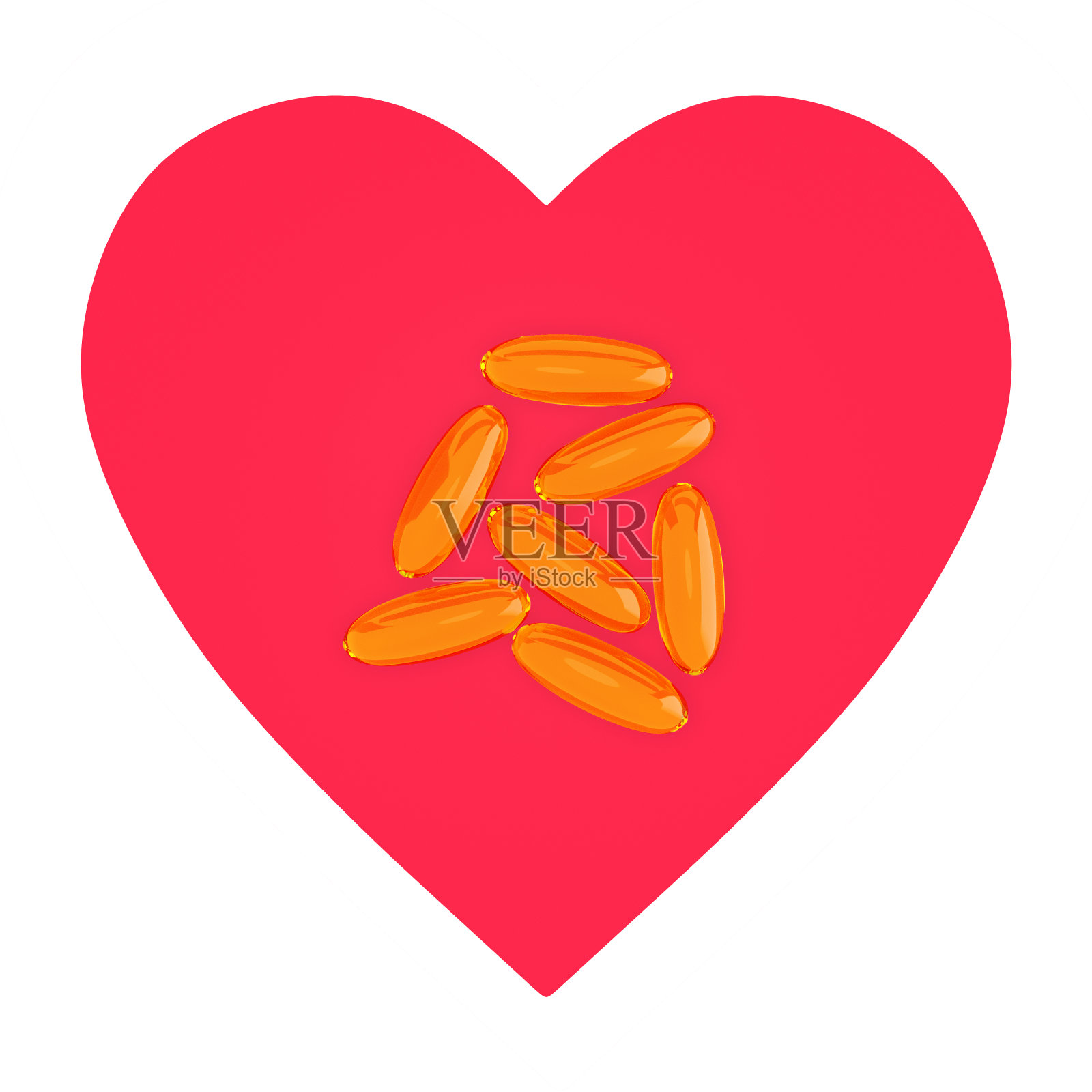 橙色的胶囊映衬着红色的心脏。三维渲染照片摄影图片