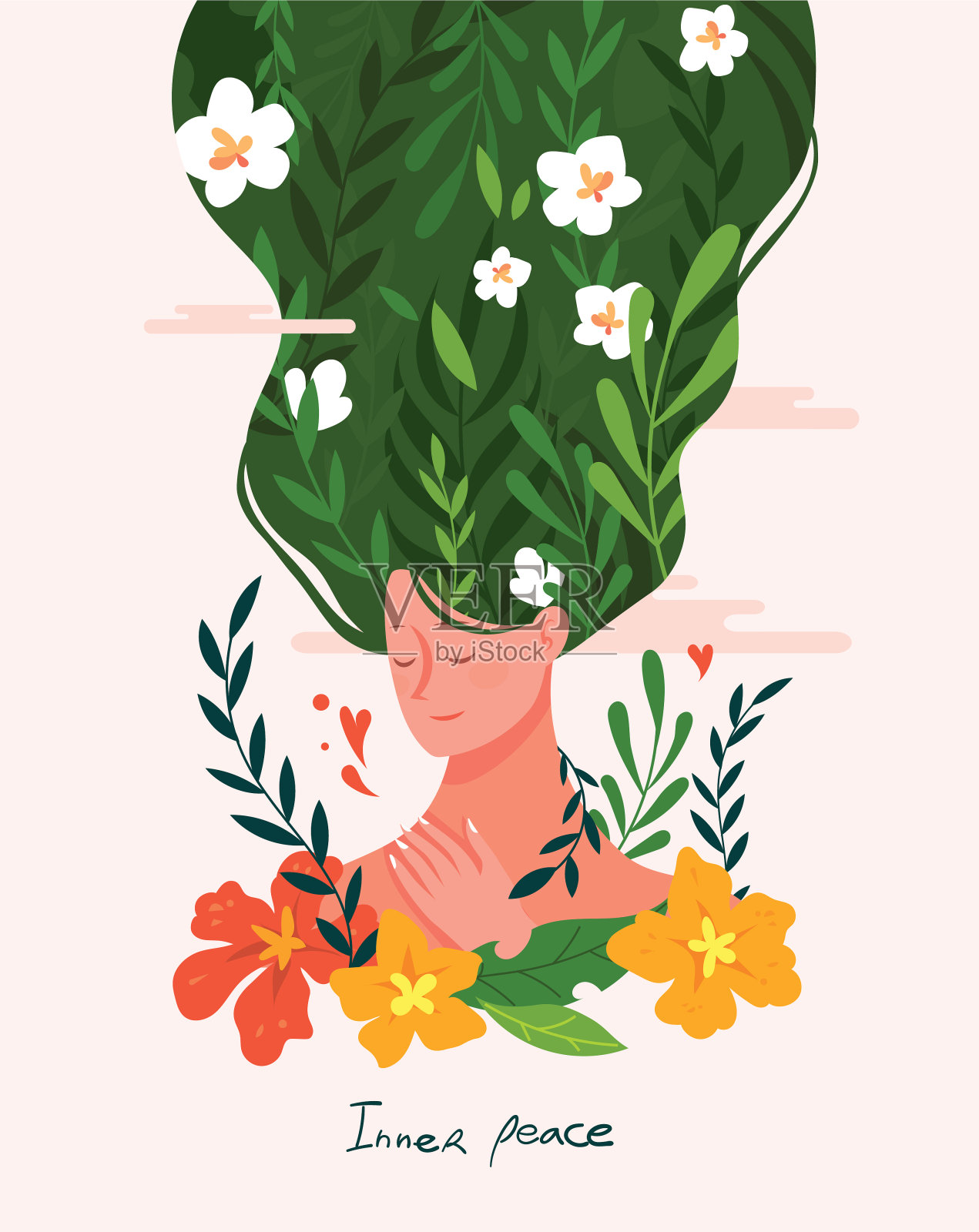 内心的和平和冥想思考的概念矢量插图。插画图片素材