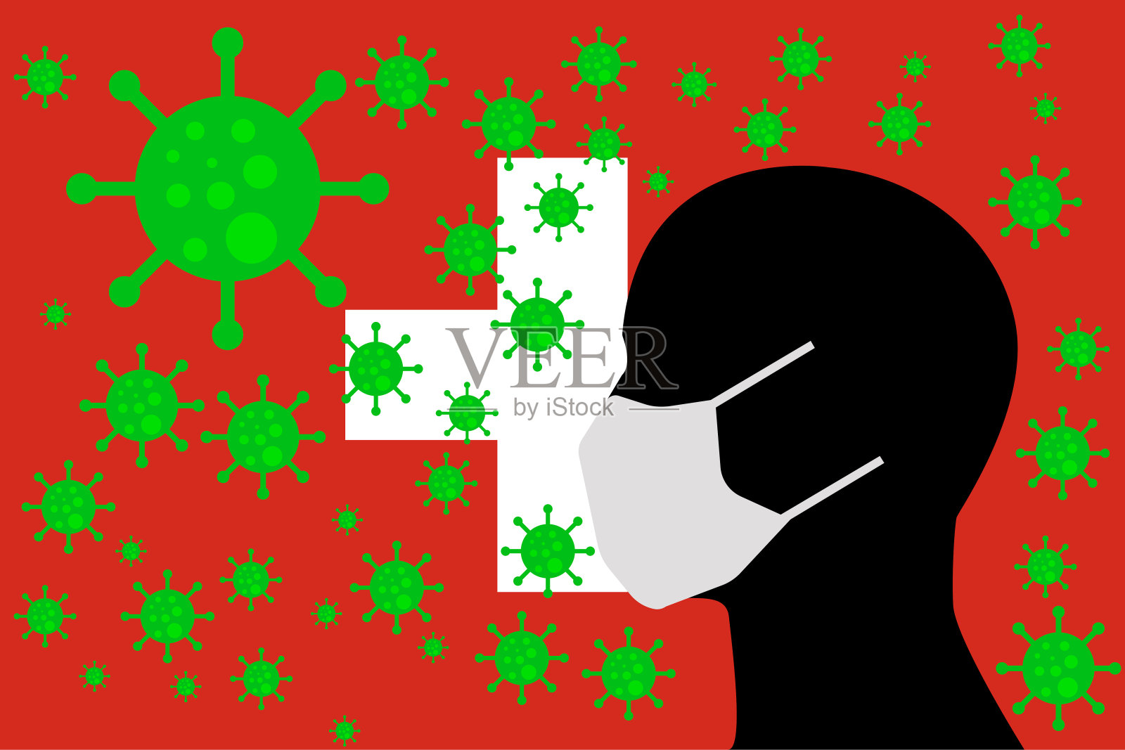 头戴病毒帽,插01号瑞士国旗插画图片素材