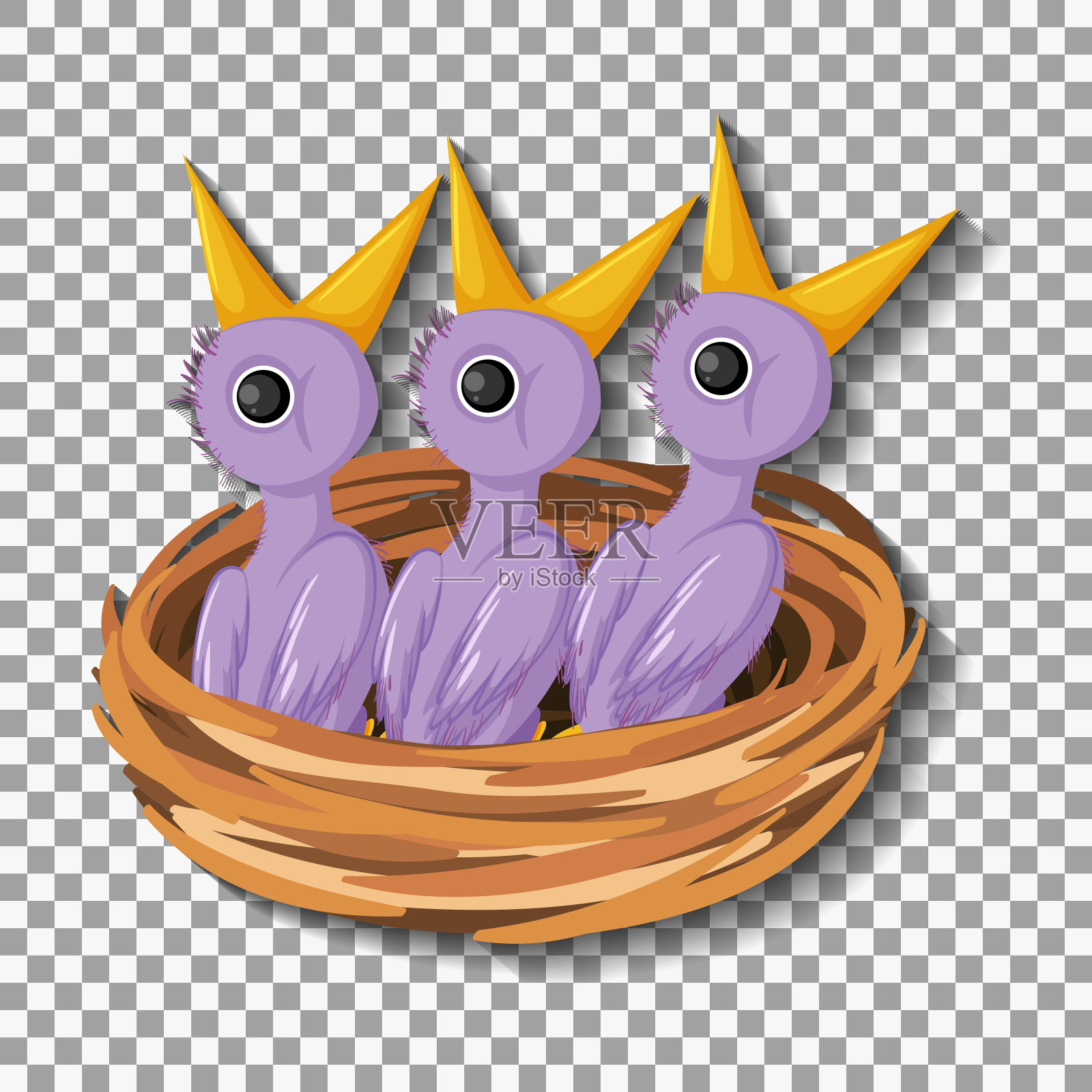 饥饿的小鸡在巢中等待食物插画图片素材