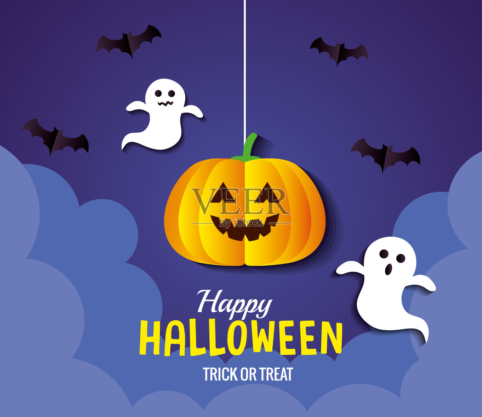 万圣节卡通南瓜挂有蝙蝠和幽灵矢量设计设计模板素材